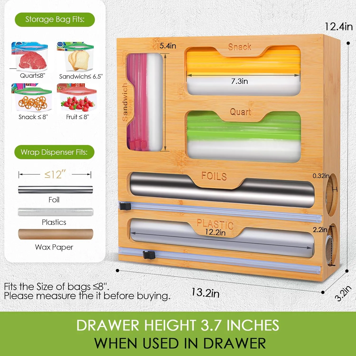 Bag Organizer for Drawer,100mboo Foil and Plastic Wrap Organizer,Plastic Wrap Dispenser with Cutter,Bag Holder-Compatible with Gallon Quart Snack & Sandwich Bag Organizer for Drawer(1 Box 5 Slots)