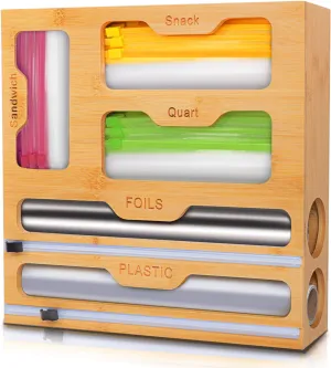 Bag Organizer for Drawer,100�mboo Foil and Plastic Wrap Organizer,Plastic Wrap Dispenser with Cutter,Bag Holder-Compatible with Gallon Quart Snack & Sandwich Bag Organizer for Drawer(1 Box 5 Slots)