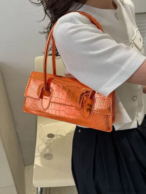 BagForLove - Crocodile-Embossed Metallic Flap Shoulder Bag - Chic and Unique Design
