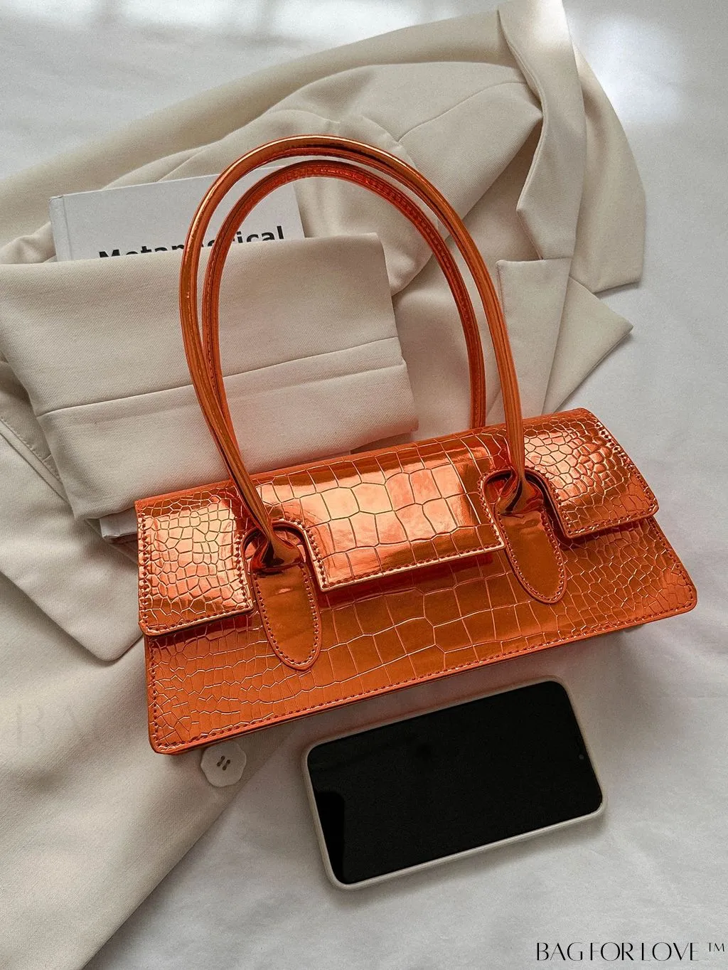 BagForLove - Crocodile-Embossed Metallic Flap Shoulder Bag - Chic and Unique Design