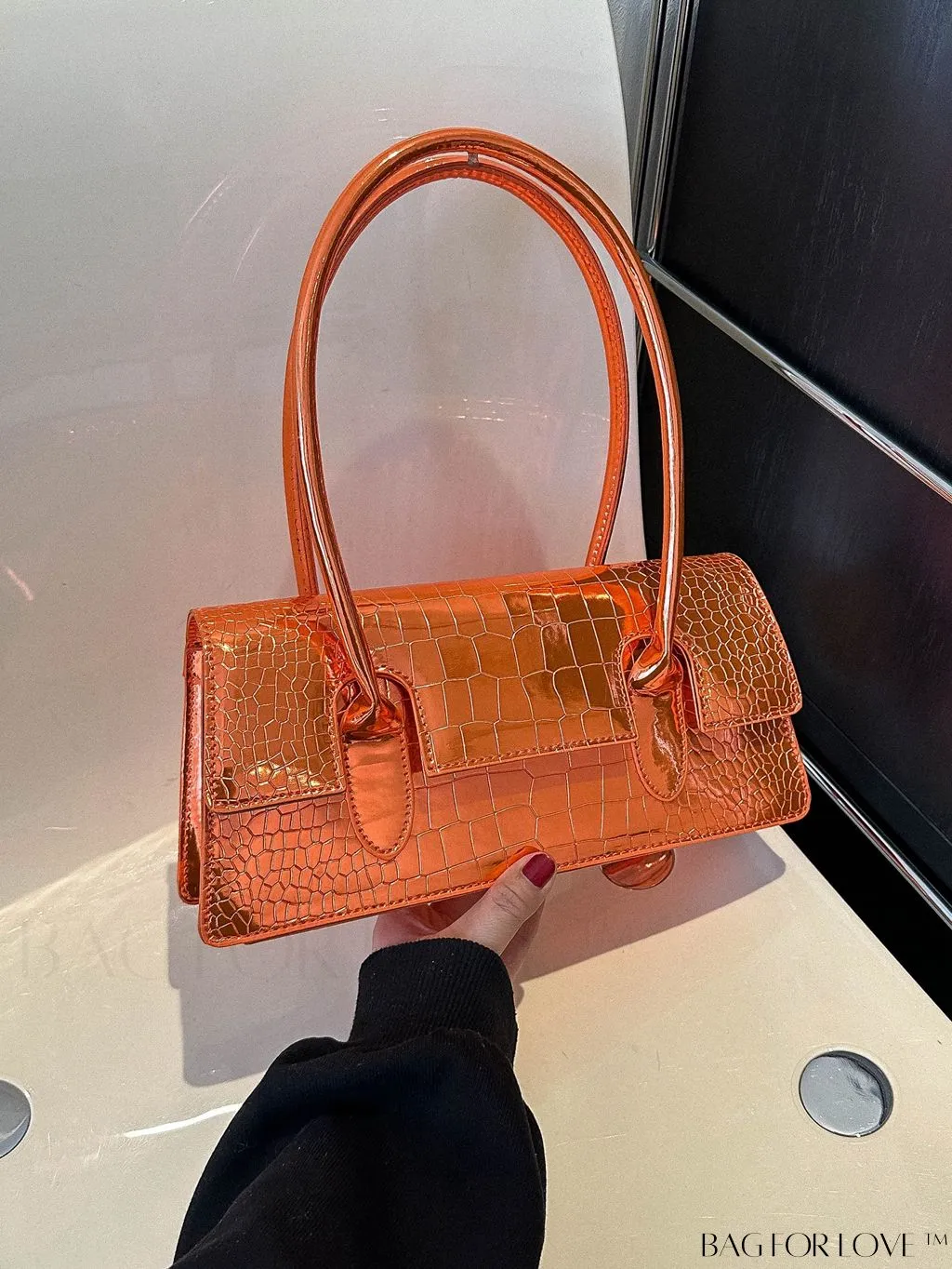 BagForLove - Crocodile-Embossed Metallic Flap Shoulder Bag - Chic and Unique Design