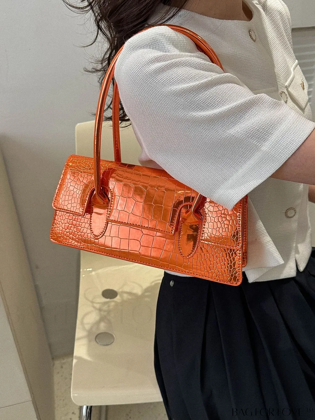BagForLove - Crocodile-Embossed Metallic Flap Shoulder Bag - Chic and Unique Design