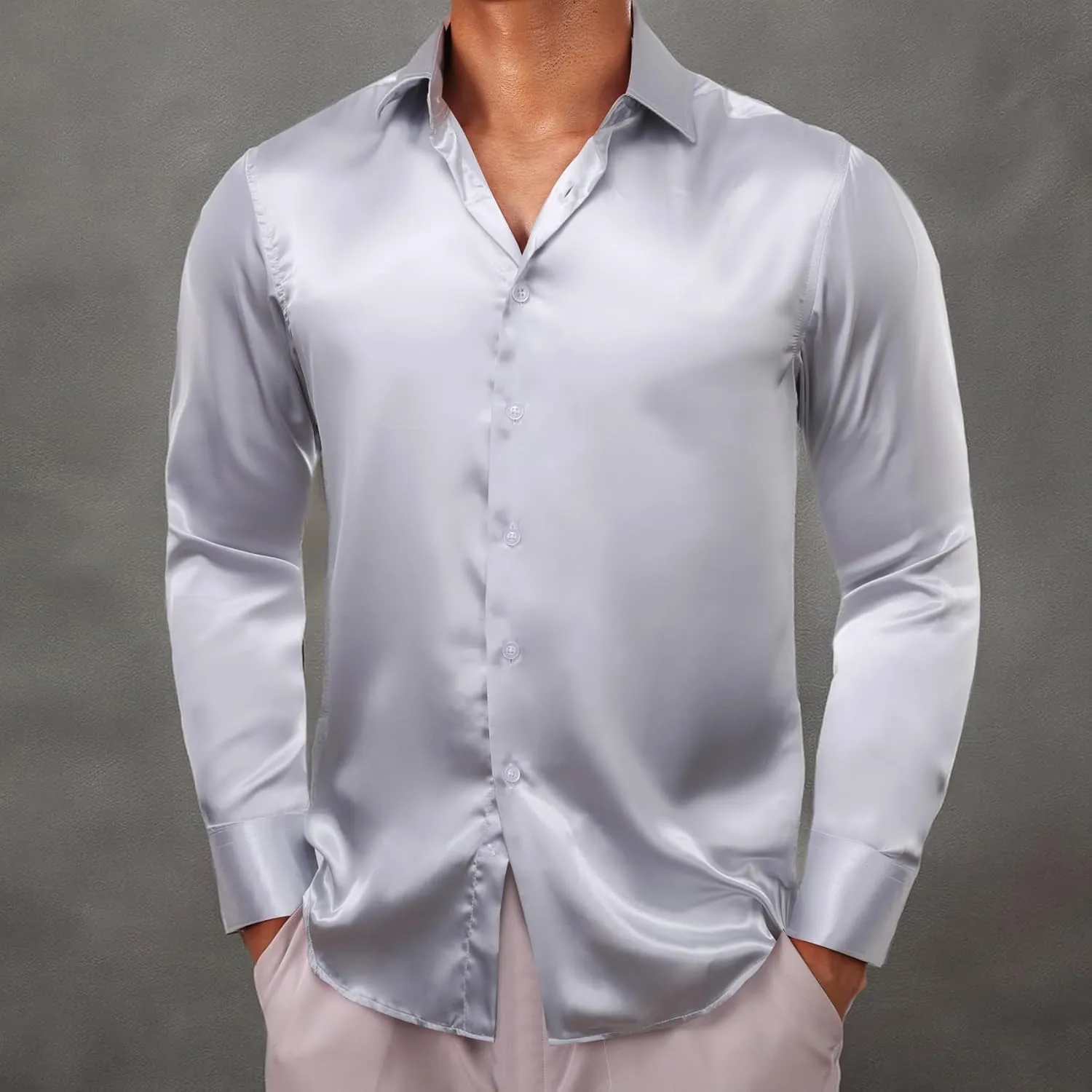 Barry.Wang Mens Stretch Dress Shirts Solid Long Sleeve Button Down Shirts Formal Casual Business Prom Party Wedding