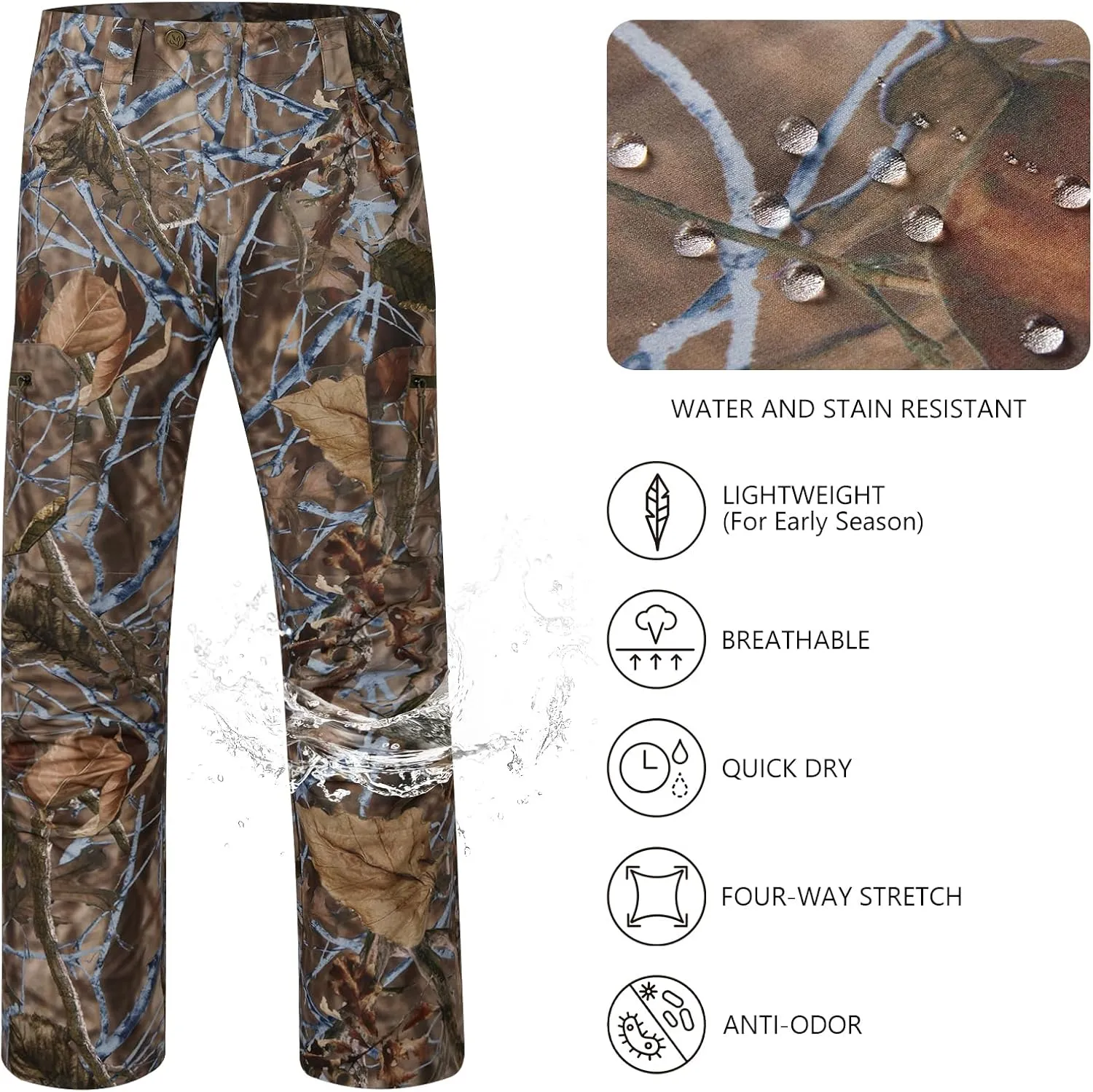 BASSDASH Men’s Lightweight Hunting Pants 4-Way Stretch Breathable Water Resistant for Turkey Early Season Spring Summer