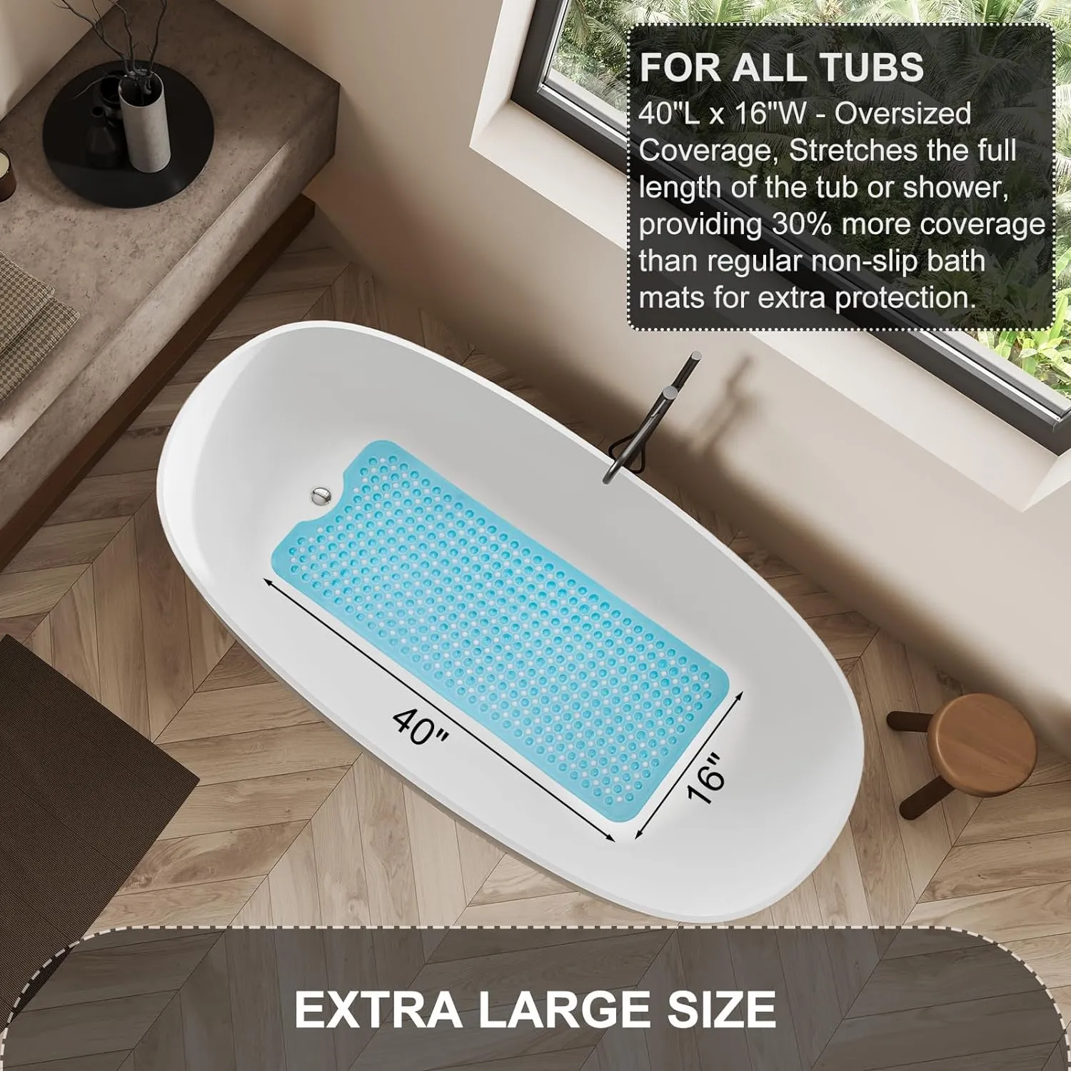 Bath Tub and Shower Mats, Non Slip 40 x 16 Inch Extra Large Bathtub Mat, Machine Washable Bathmat with Drain Holes, Suction Cups for Bathroom Floor, Clear Blue