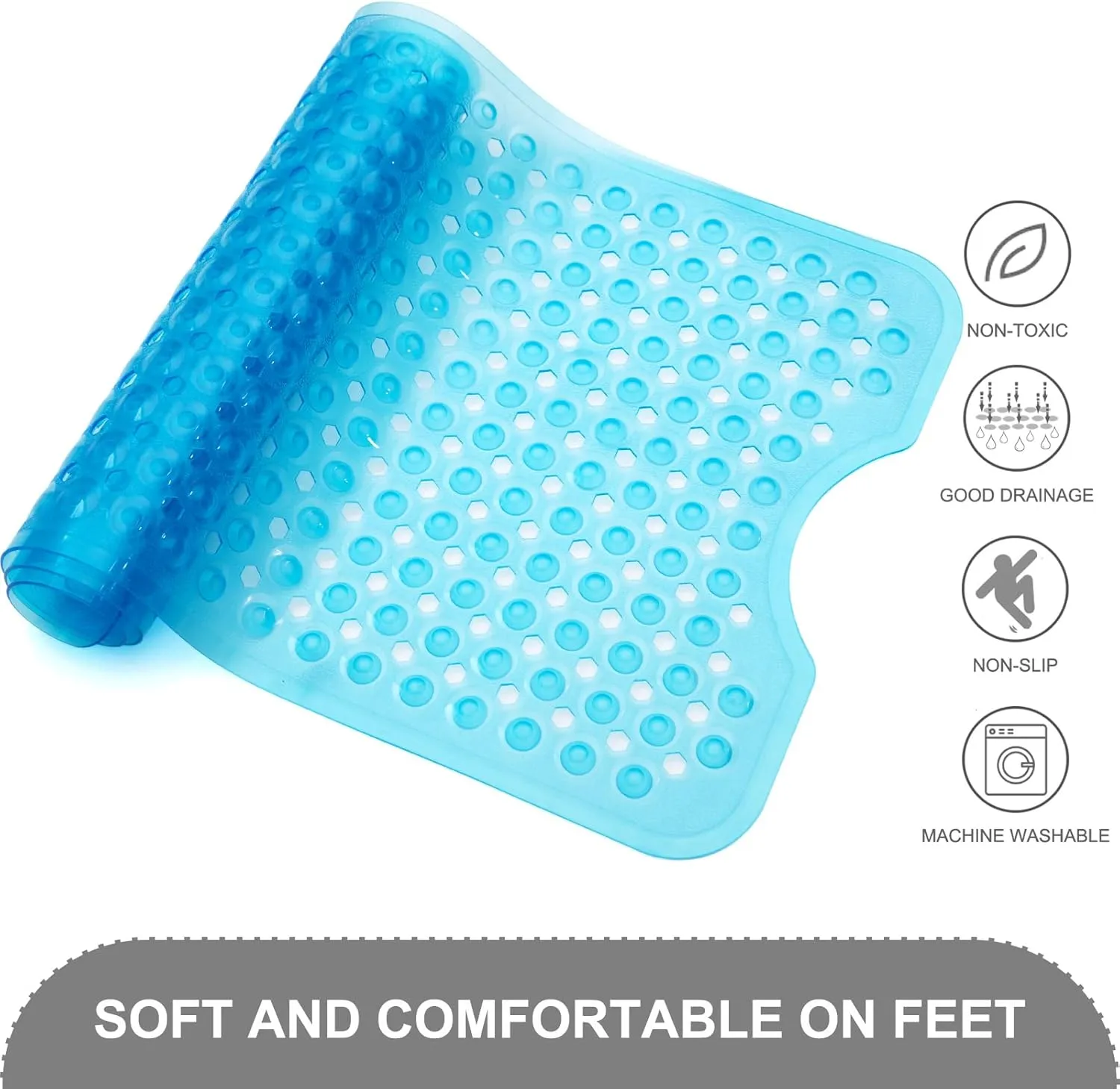 Bath Tub and Shower Mats, Non Slip 40 x 16 Inch Extra Large Bathtub Mat, Machine Washable Bathmat with Drain Holes, Suction Cups for Bathroom Floor, Clear Blue