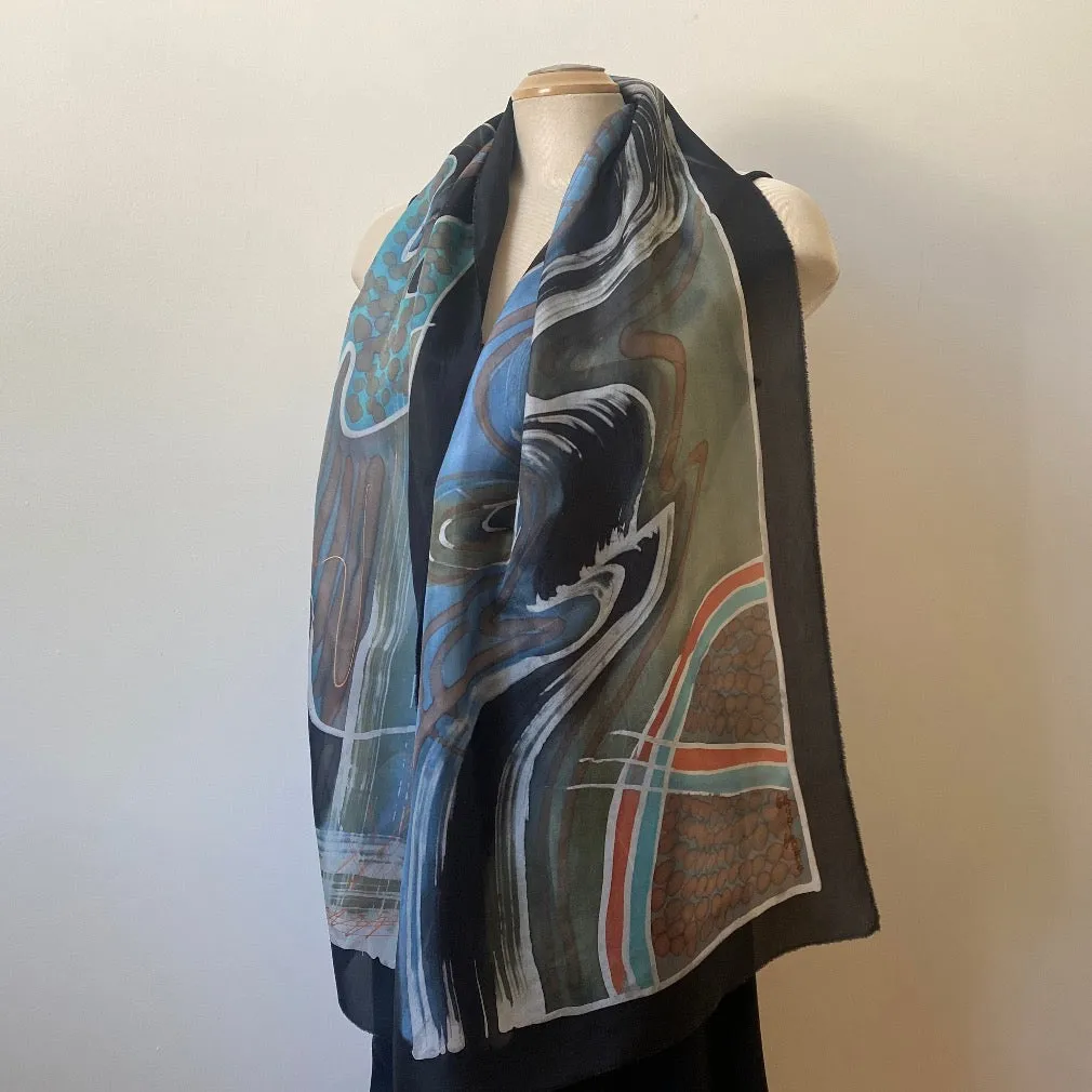 Batik hand painted silk scarf, abstract painting, rozome. 18" x 70"