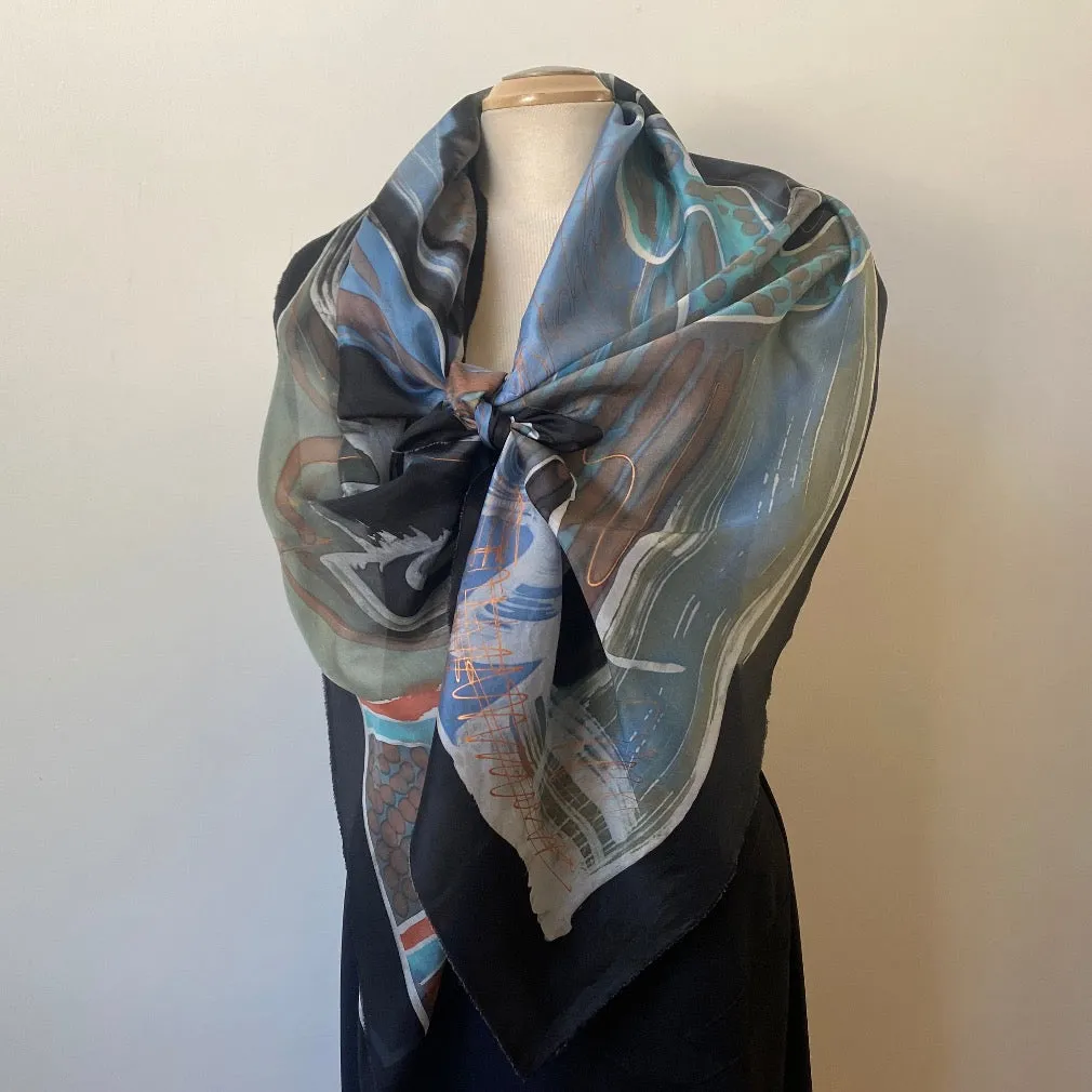 Batik hand painted silk scarf, abstract painting, rozome. 18" x 70"