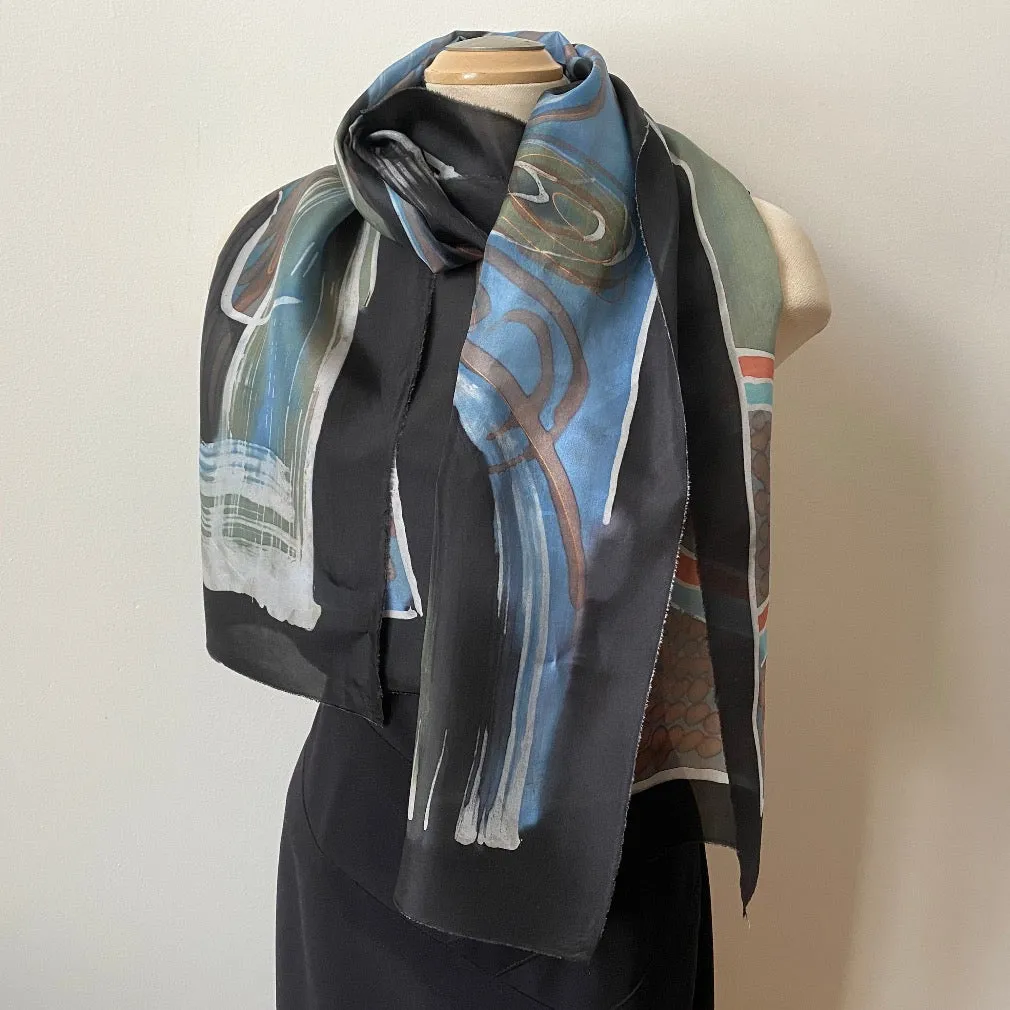 Batik hand painted silk scarf, abstract painting, rozome. 18" x 70"