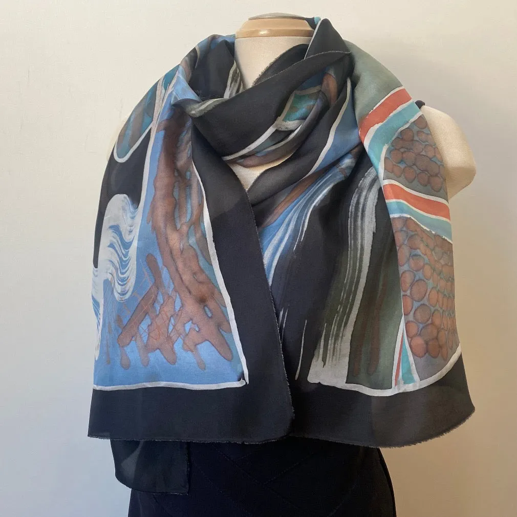 Batik hand painted silk scarf, abstract painting, rozome. 18" x 70"