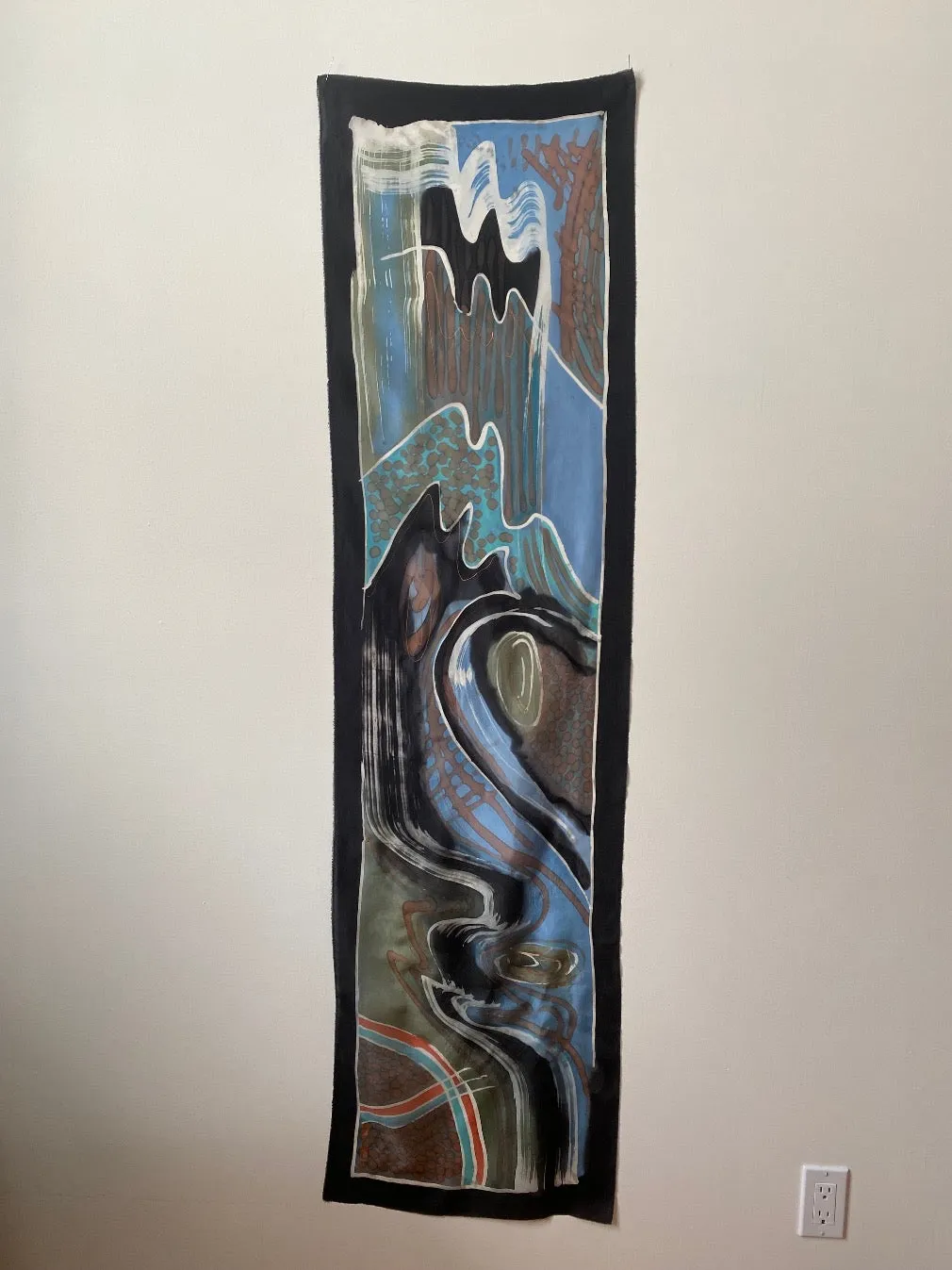Batik hand painted silk scarf, abstract painting, rozome. 18" x 70"