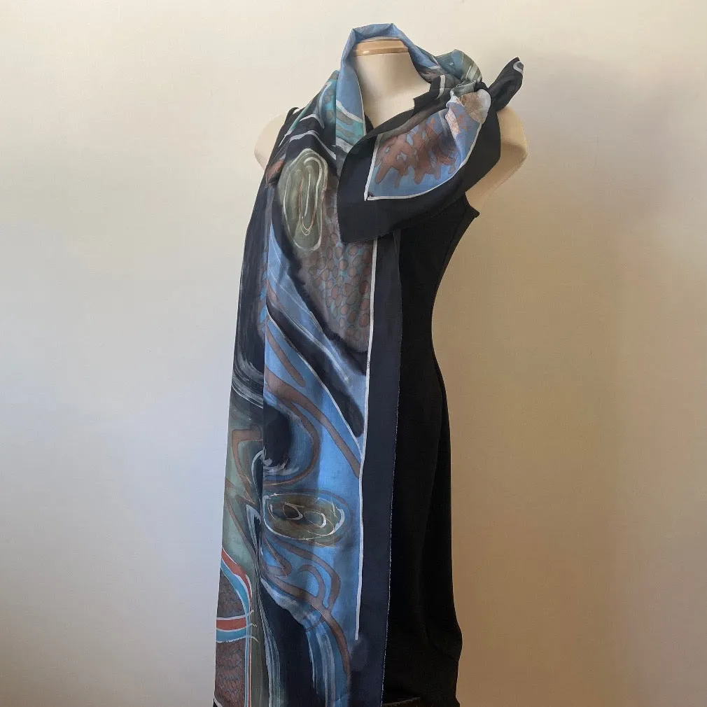 Batik hand painted silk scarf, abstract painting, rozome. 18" x 70"
