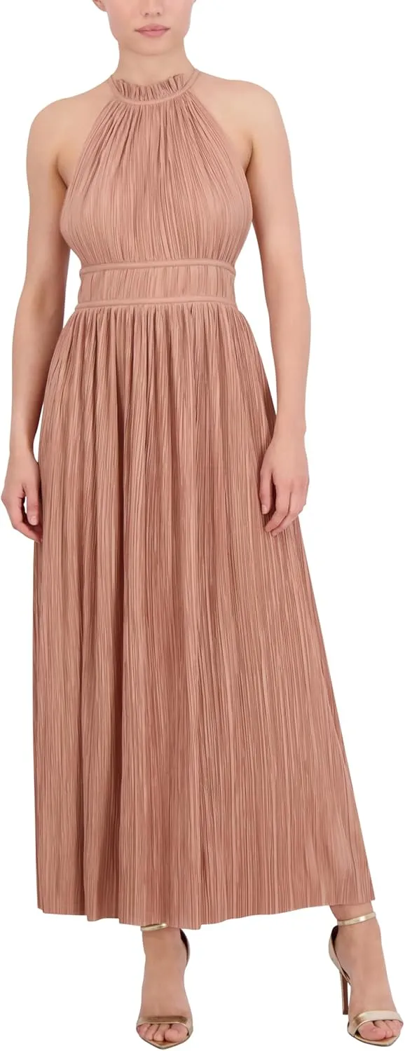 BCBGMAXAZRIA Women's Sleeveless Halter Neck Pleated Evening Maxi Dress