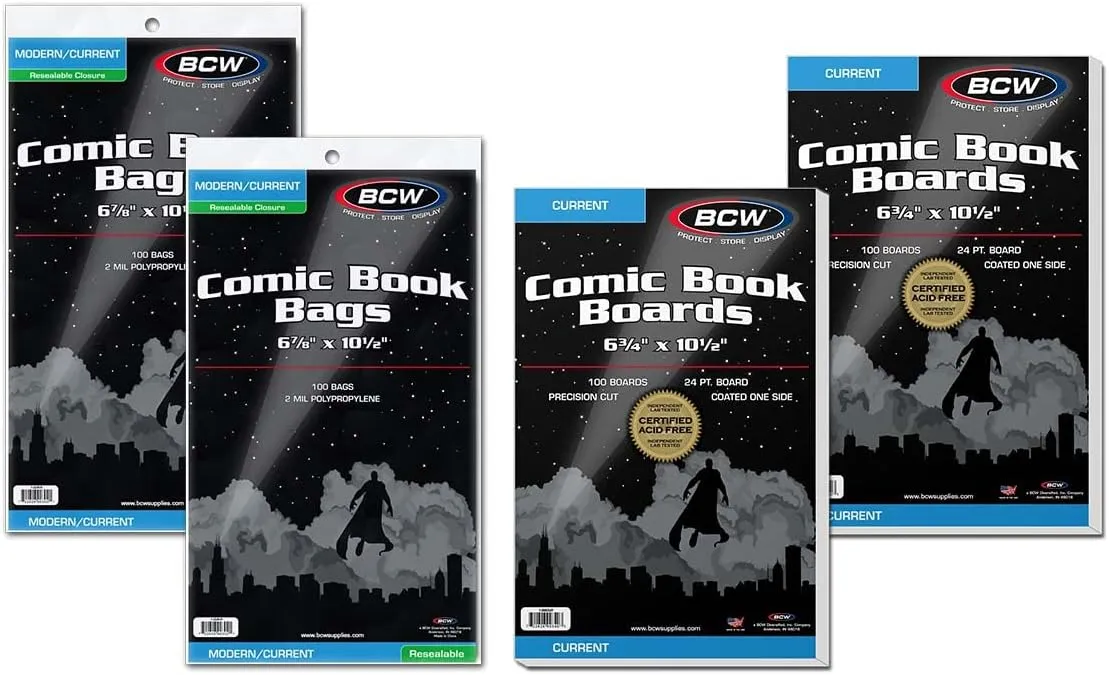 BCW Resealable Current Comic Book Combo Pack | 200 Acid-Free Backing Boards & 200 Resealable Bags | Comic Book Storage & Protection | Fits Current Comics | Archival Quality | Standard 6 7/8 x 10 1/2