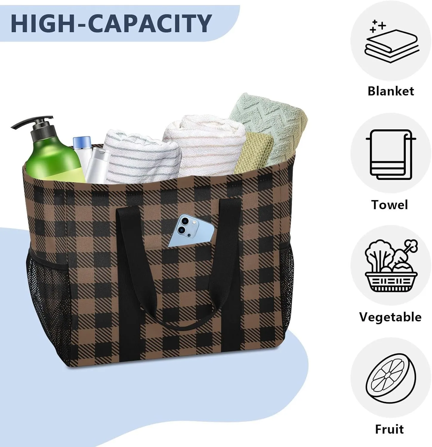 Beach Bag for Women Buffalo Plaid Check Red Sandproof Pool Bags Large Canvas Tote Bag with Pocket for Pool Travel Gym Beach