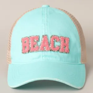 BEACH Chenille Letter Patch Mesh Back Baseball Cap