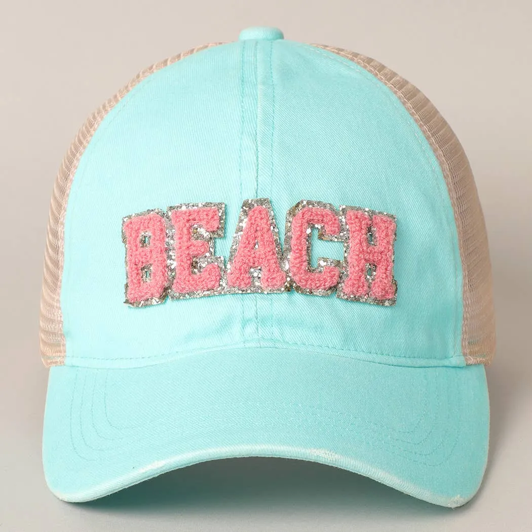 BEACH Chenille Letter Patch Mesh Back Baseball Cap