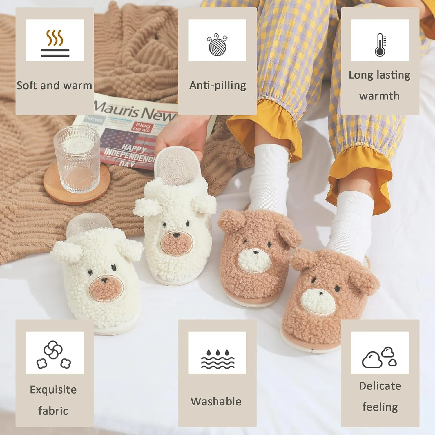Bear Slippers for Women - Cute Fluffy Memory Foam House Shoes - Warm Plush Anti-Slip Animal Slippers for Indoor & Outdoor