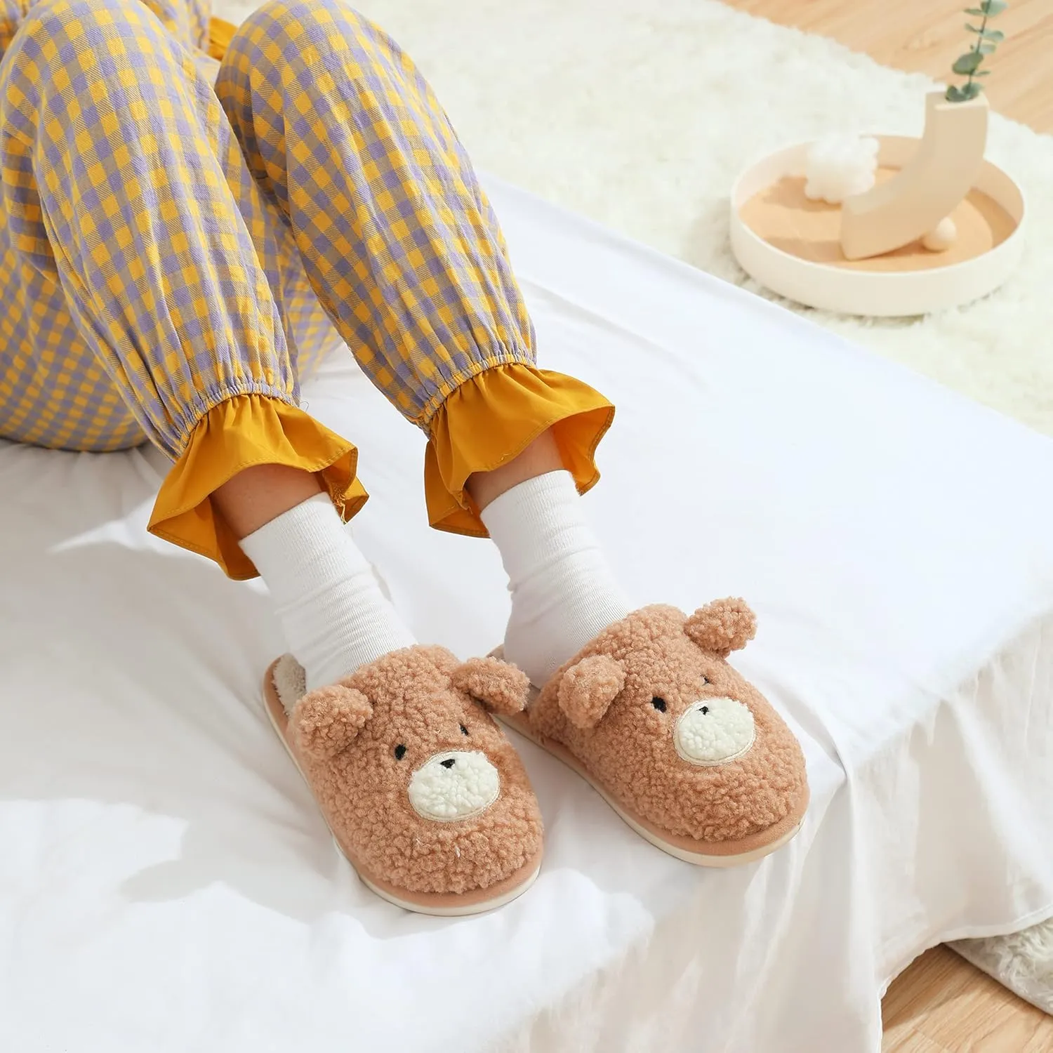 Bear Slippers for Women - Cute Fluffy Memory Foam House Shoes - Warm Plush Anti-Slip Animal Slippers for Indoor & Outdoor