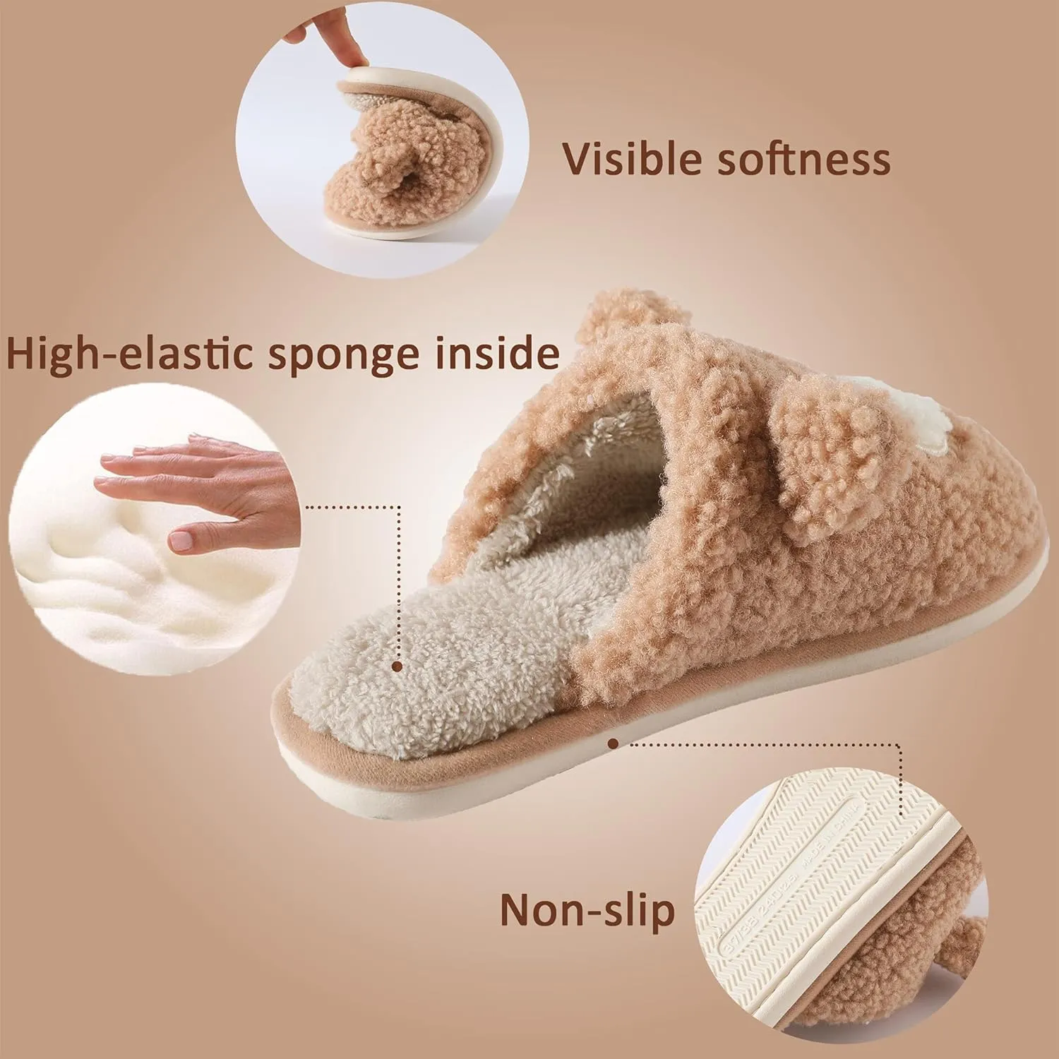 Bear Slippers for Women - Cute Fluffy Memory Foam House Shoes - Warm Plush Anti-Slip Animal Slippers for Indoor & Outdoor
