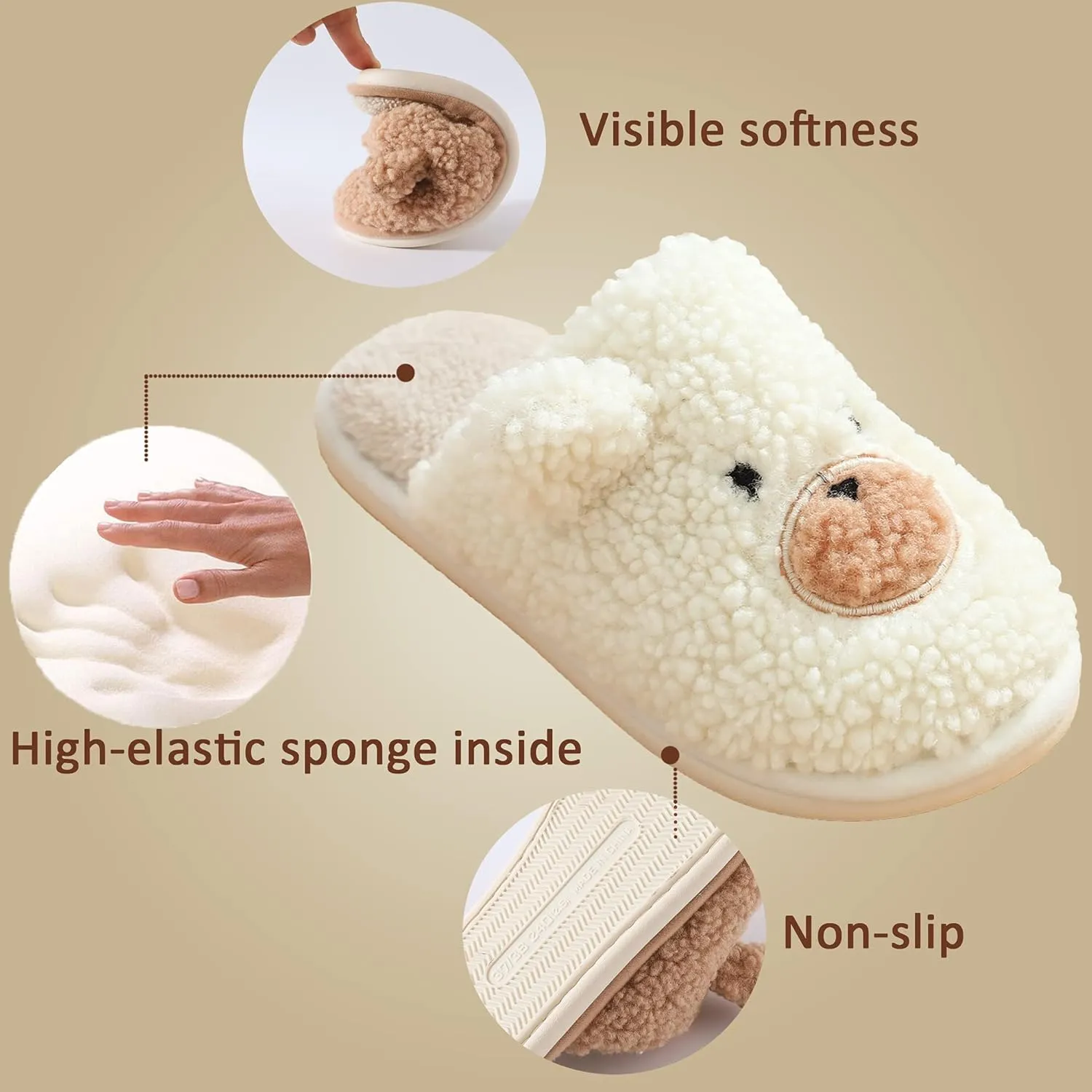 Bear Slippers for Women - Cute Fluffy Memory Foam House Shoes - Warm Plush Anti-Slip Animal Slippers for Indoor & Outdoor