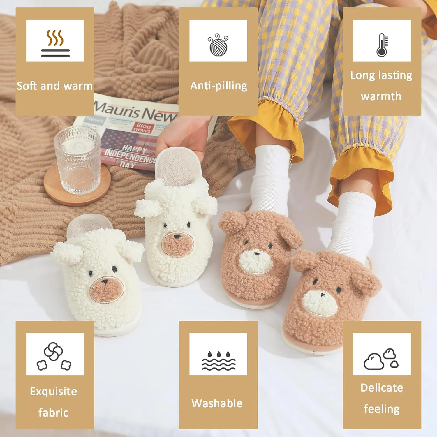 Bear Slippers for Women - Cute Fluffy Memory Foam House Shoes - Warm Plush Anti-Slip Animal Slippers for Indoor & Outdoor