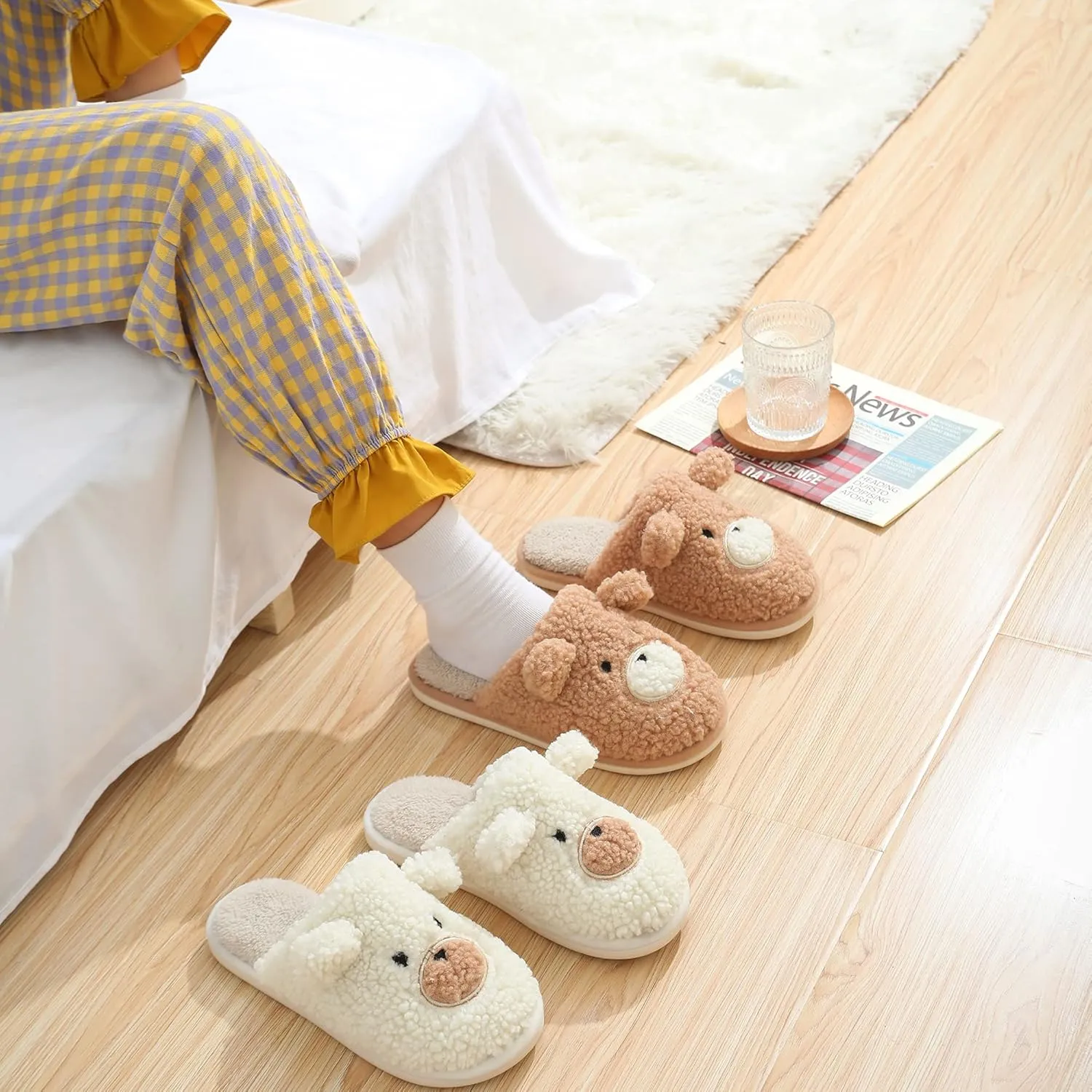 Bear Slippers for Women - Cute Fluffy Memory Foam House Shoes - Warm Plush Anti-Slip Animal Slippers for Indoor & Outdoor