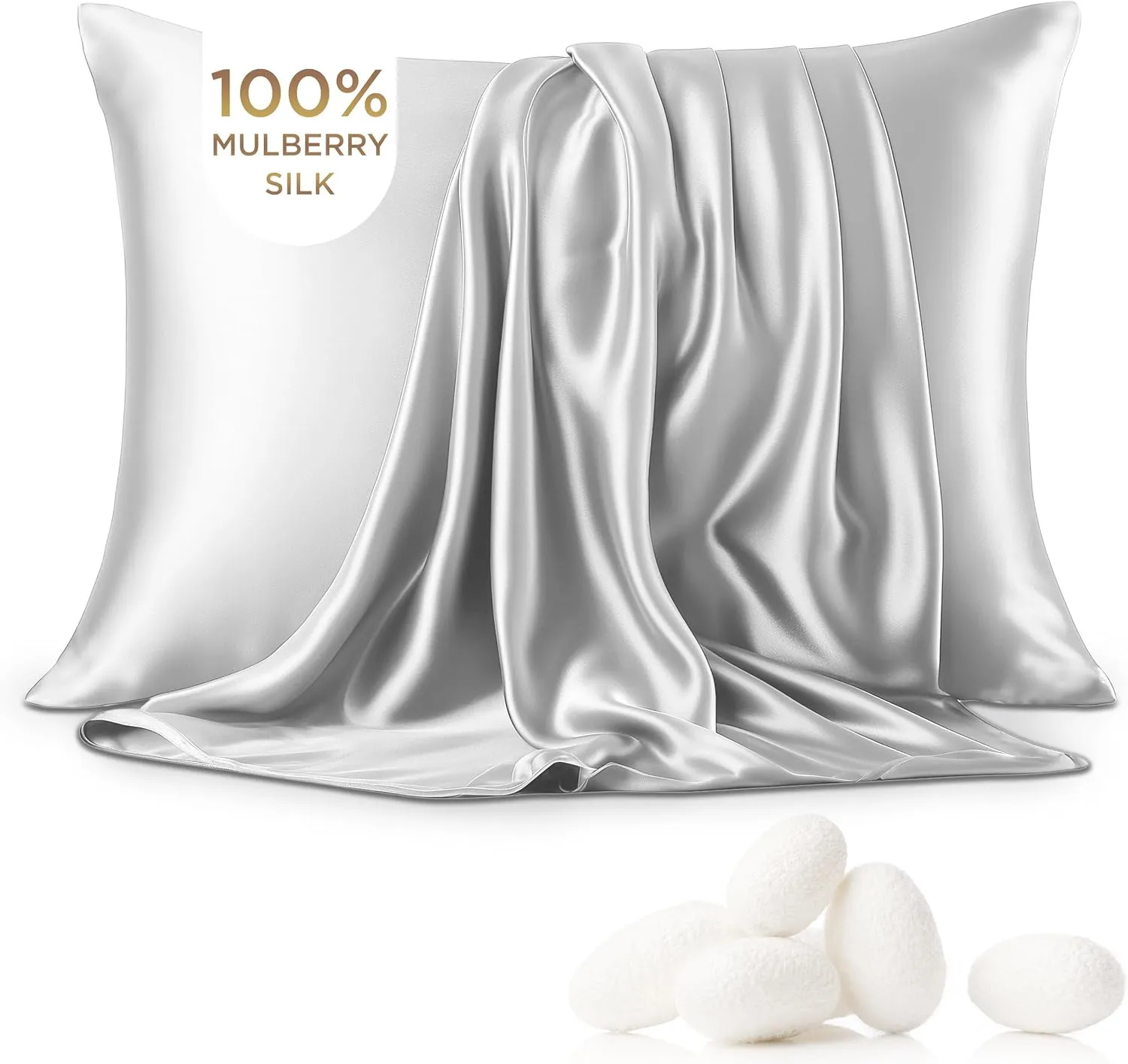 Bedsure 100% Mulberry Silk Pillowcase for Hair and Skin,Light Grey Silk Pillow Case with Hidden Zipper, Gifts for Women Men, King Size Single Pack,20x36 Inches