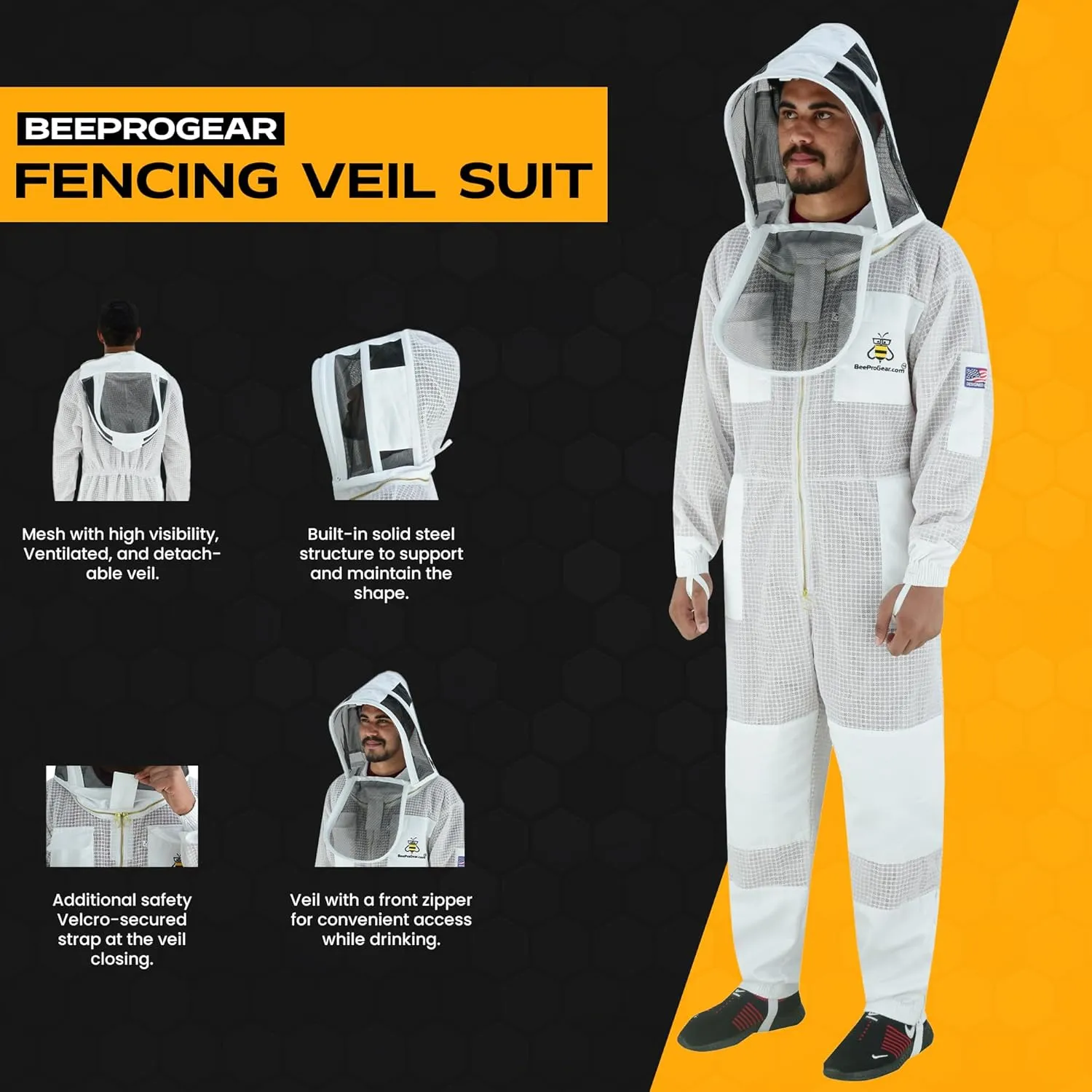BeeProGear 3-layer Ultra Ventilated Mesh Bee Suit for Beekeepers |Fencing Veil Sting-Proof Beekeeping Suit with Leather gloves and bag (White, Large)