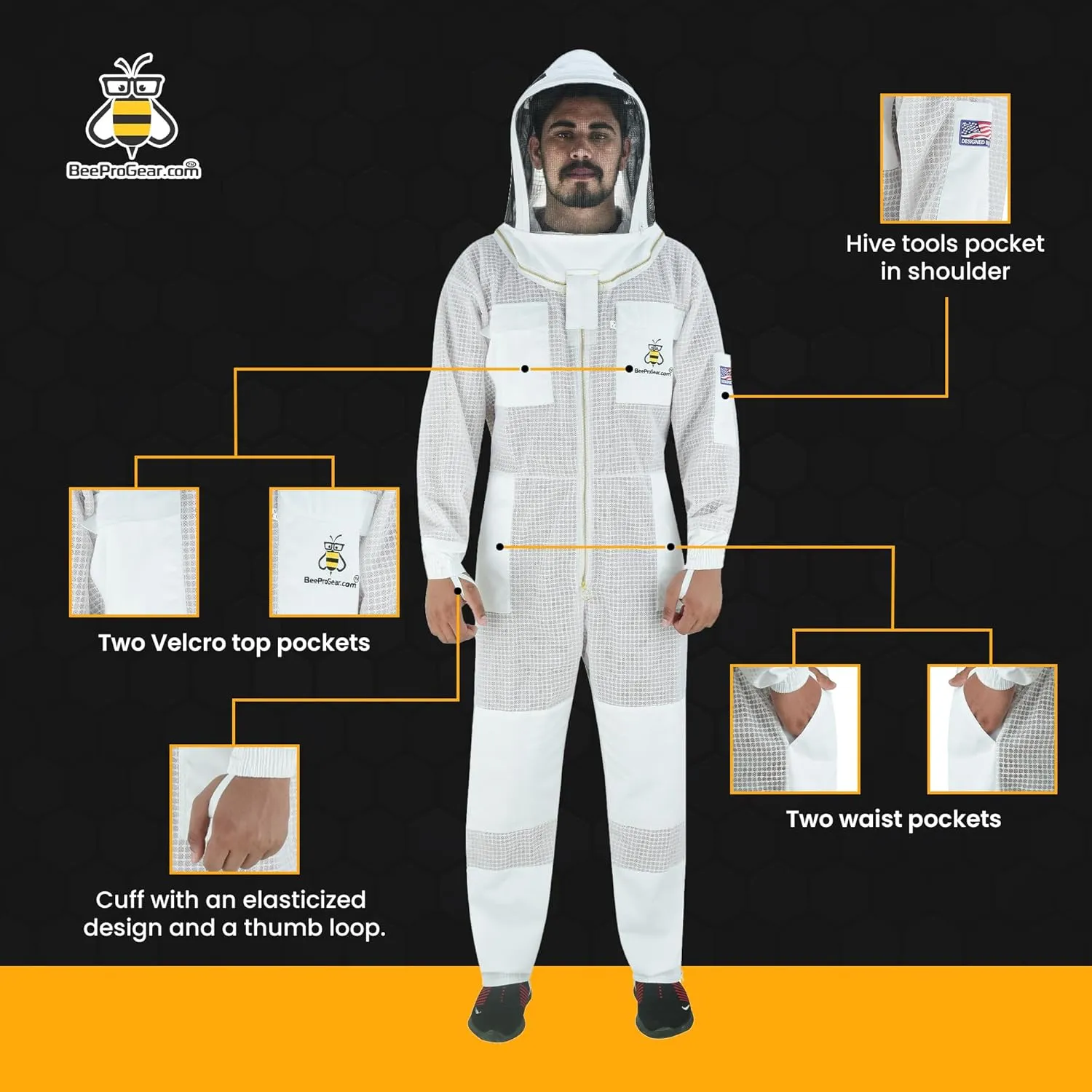 BeeProGear 3-layer Ultra Ventilated Mesh Bee Suit for Beekeepers |Fencing Veil Sting-Proof Beekeeping Suit with Leather gloves and bag (White, Large)