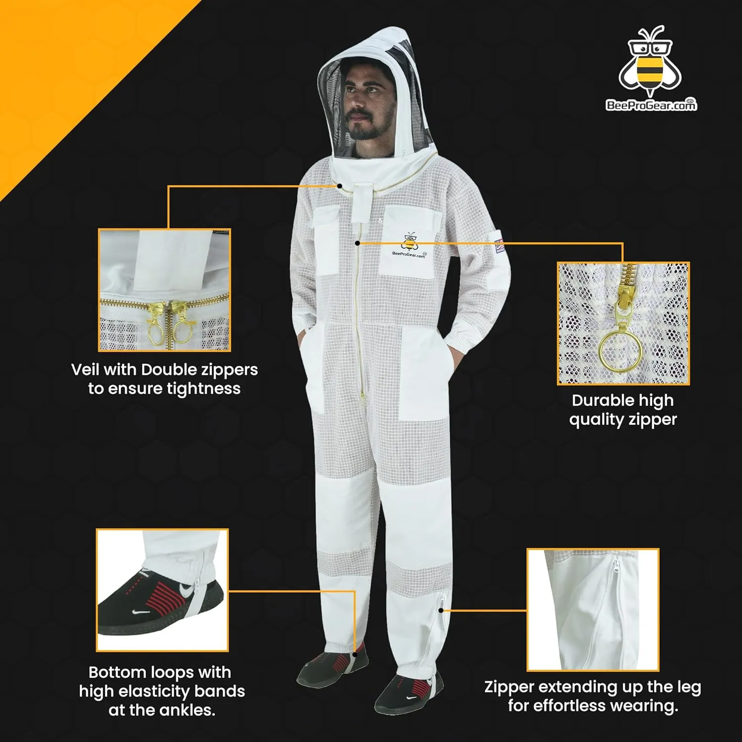 BeeProGear 3-layer Ultra Ventilated Mesh Bee Suit for Beekeepers |Fencing Veil Sting-Proof Beekeeping Suit with Leather gloves and bag (White, Large)