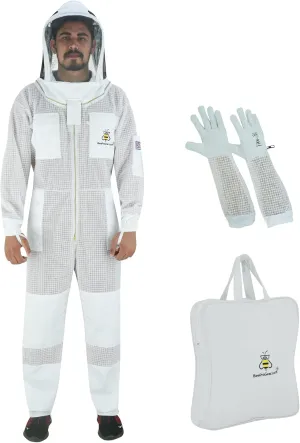 BeeProGear 3-layer Ultra Ventilated Mesh Bee Suit for Beekeepers |Fencing Veil Sting-Proof Beekeeping Suit with Leather gloves and bag (White, Large)