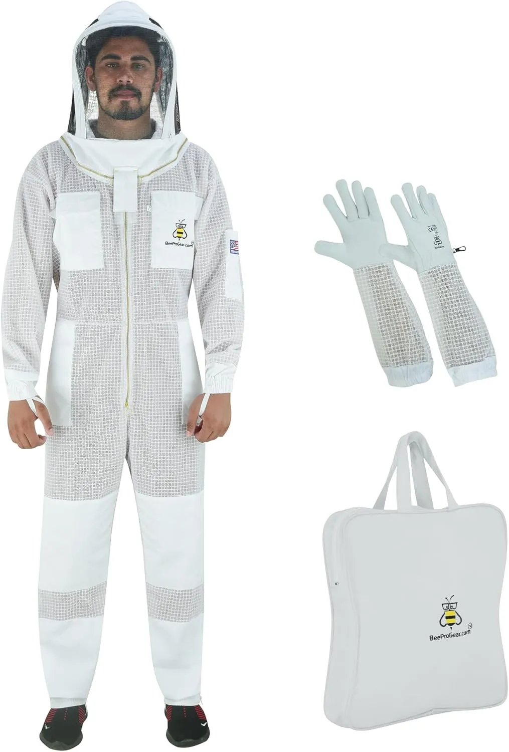 BeeProGear 3-layer Ultra Ventilated Mesh Bee Suit for Beekeepers |Fencing Veil Sting-Proof Beekeeping Suit with Leather gloves and bag (White, Large)