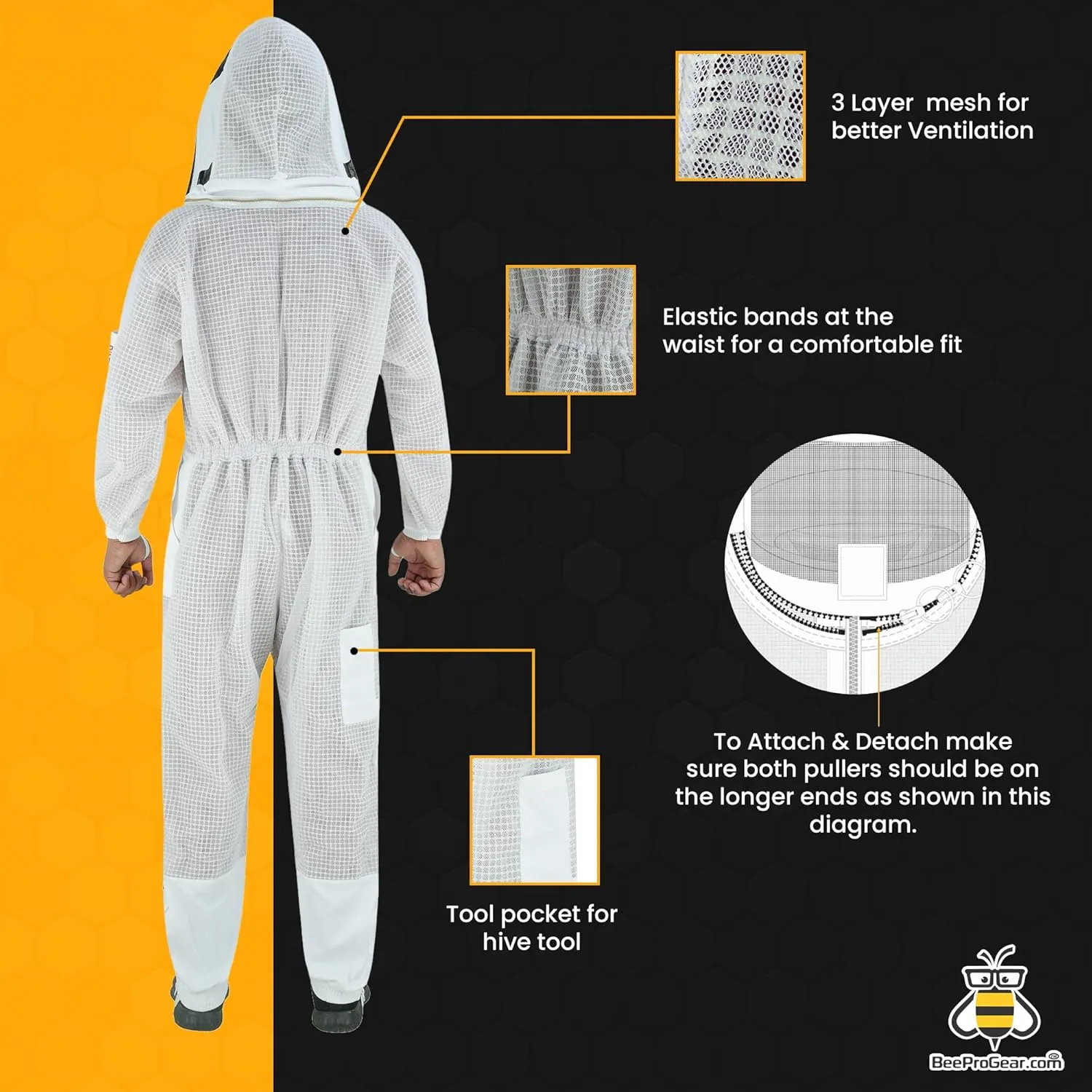BeeProGear 3-layer Ultra Ventilated Mesh Bee Suit for Beekeepers |Fencing Veil Sting-Proof Beekeeping Suit with Leather gloves and bag (White, Large)