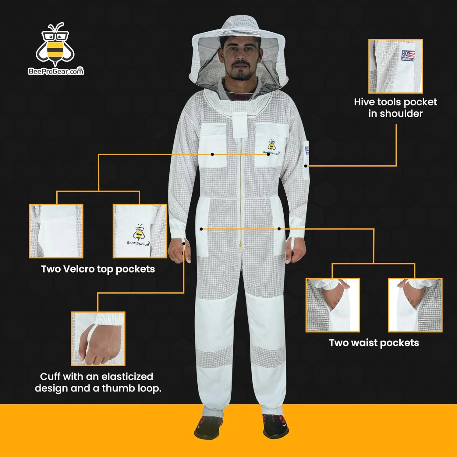 BeeProGear 3 layer Ultra Ventilated Mesh Beekeeping Suit with Round Veil for Beekeepers | Bee Suits for Men Sting-Proof Leather gloves with bag (Medium, White)