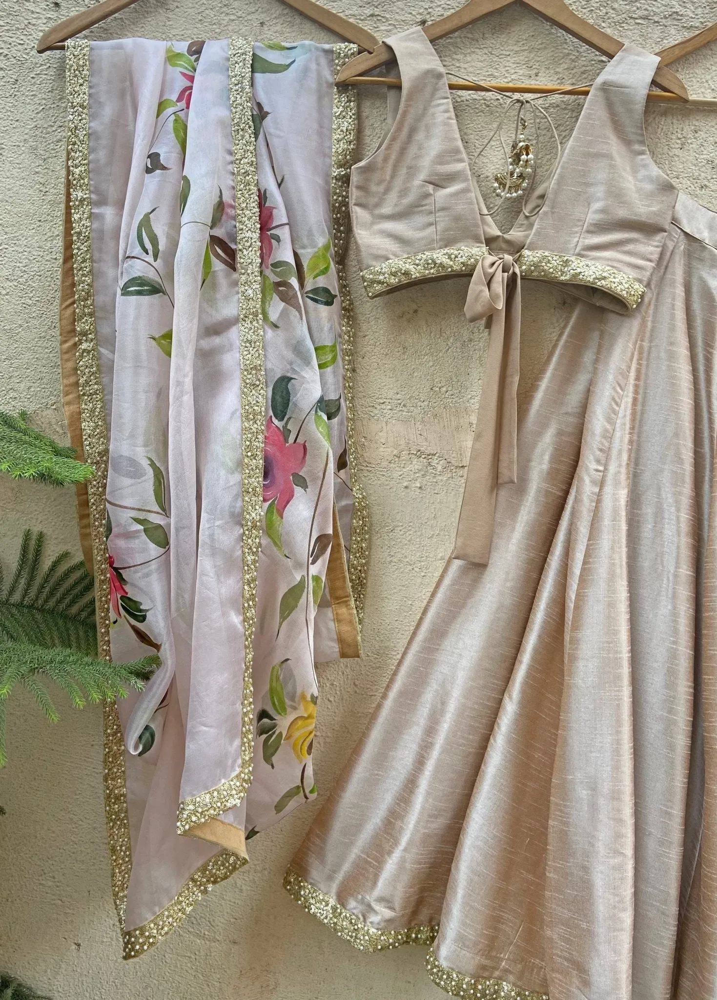Beige Lehenga With Hand Painted Dupatta