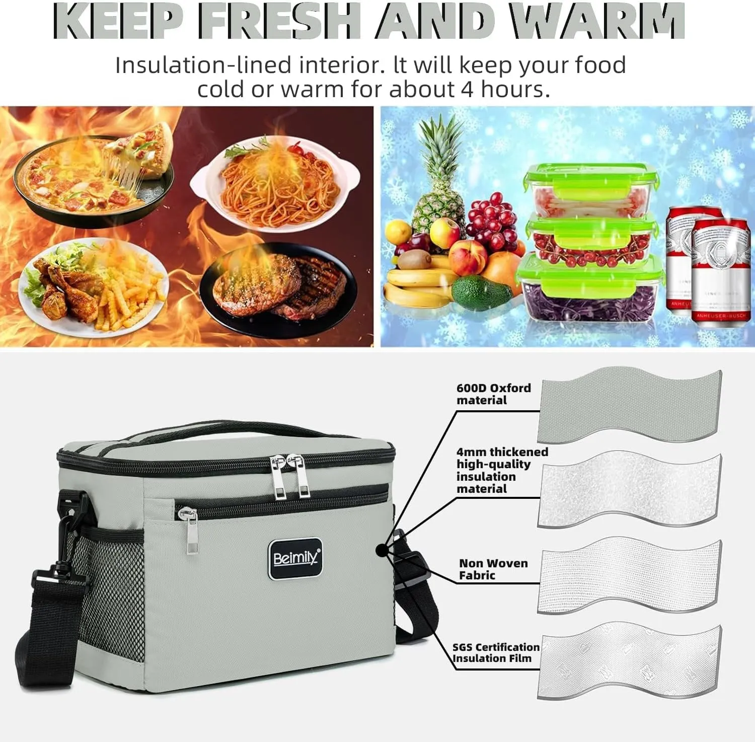 BEIMILY Lunch Bag for Women/Men,Reusable Lunch Box Small Cooler Bag Soft Sided,Leakproof Cooler Bag for Office Work Picnic Beach with Adjustable Shoulder Strap (light grey), 2311A