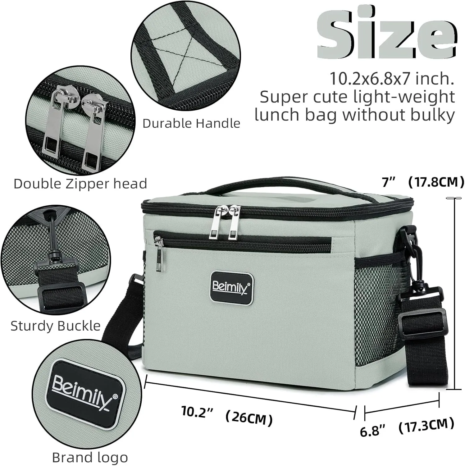 BEIMILY Lunch Bag for Women/Men,Reusable Lunch Box Small Cooler Bag Soft Sided,Leakproof Cooler Bag for Office Work Picnic Beach with Adjustable Shoulder Strap (light grey), 2311A