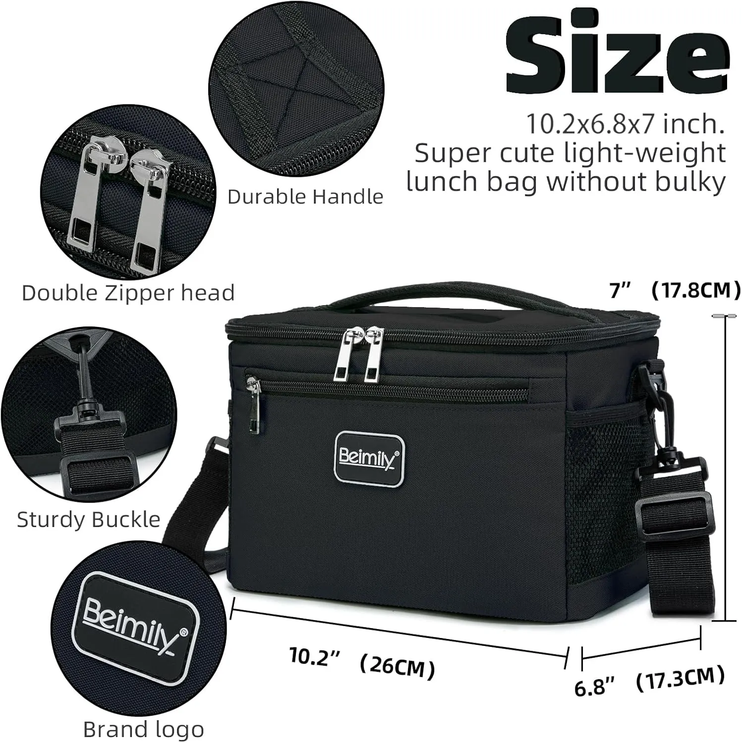 BEIMILY Lunch Box for Men/Women, Small Insulated Lunch Bag, Leak-Proof Soft Cooler Tote Bag, Reusable LunchBox for Work, Travel, Fitness, Picnic with Adjustable Shoulder Strap for Adults (Black)