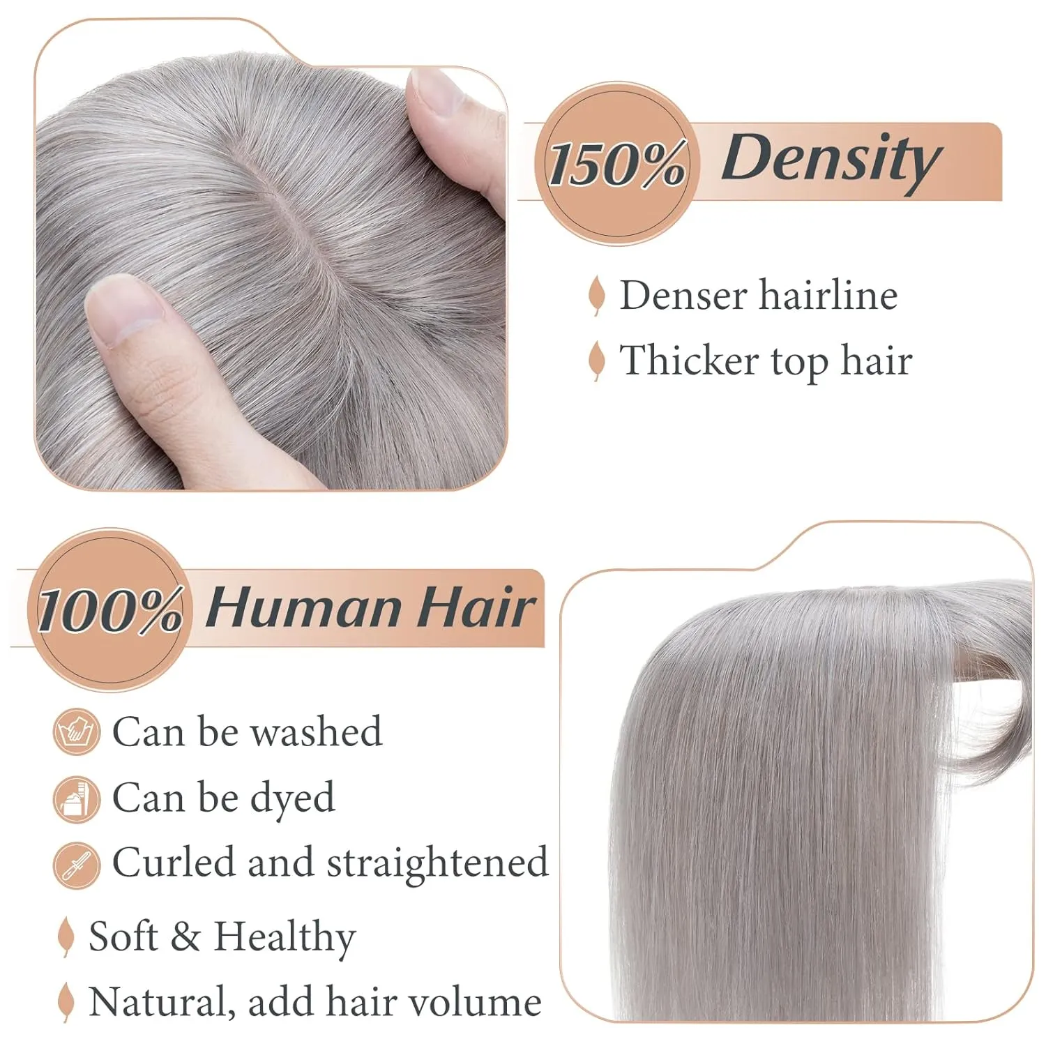 Benehair 100% Remy Human Hair Toppers for Women with Bangs 150% Density Hand Made Silk Base Clip in Hair Pieces for Women Cover Gray Hair -10 Inch Grey