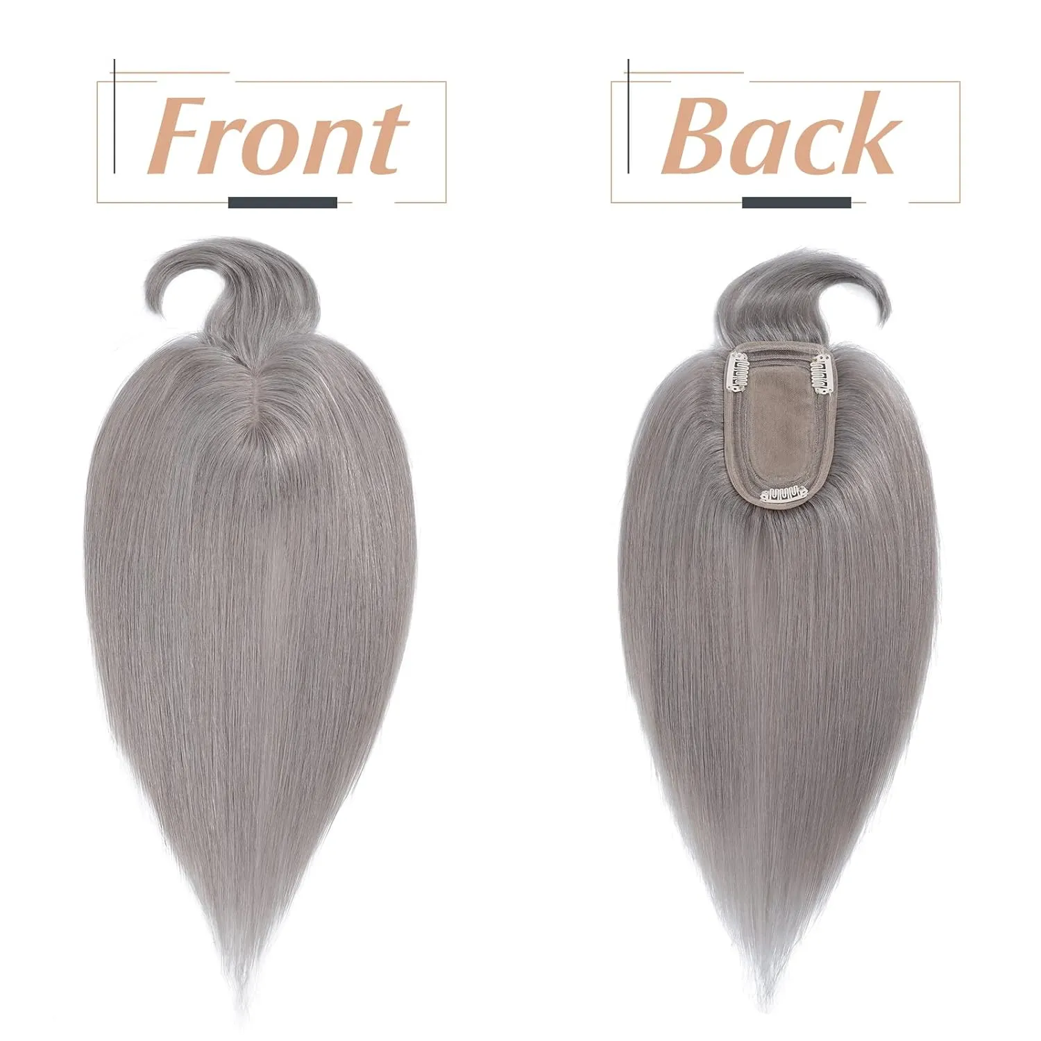 Benehair 100% Remy Human Hair Toppers for Women with Bangs 150% Density Hand Made Silk Base Clip in Hair Pieces for Women Cover Gray Hair -10 Inch Grey