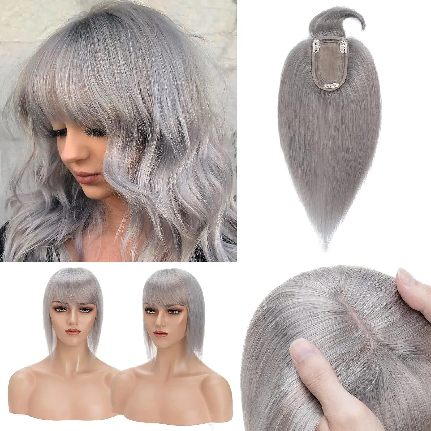 Benehair 100% Remy Human Hair Toppers for Women with Bangs 150% Density Hand Made Silk Base Clip in Hair Pieces for Women Cover Gray Hair -10 Inch Grey