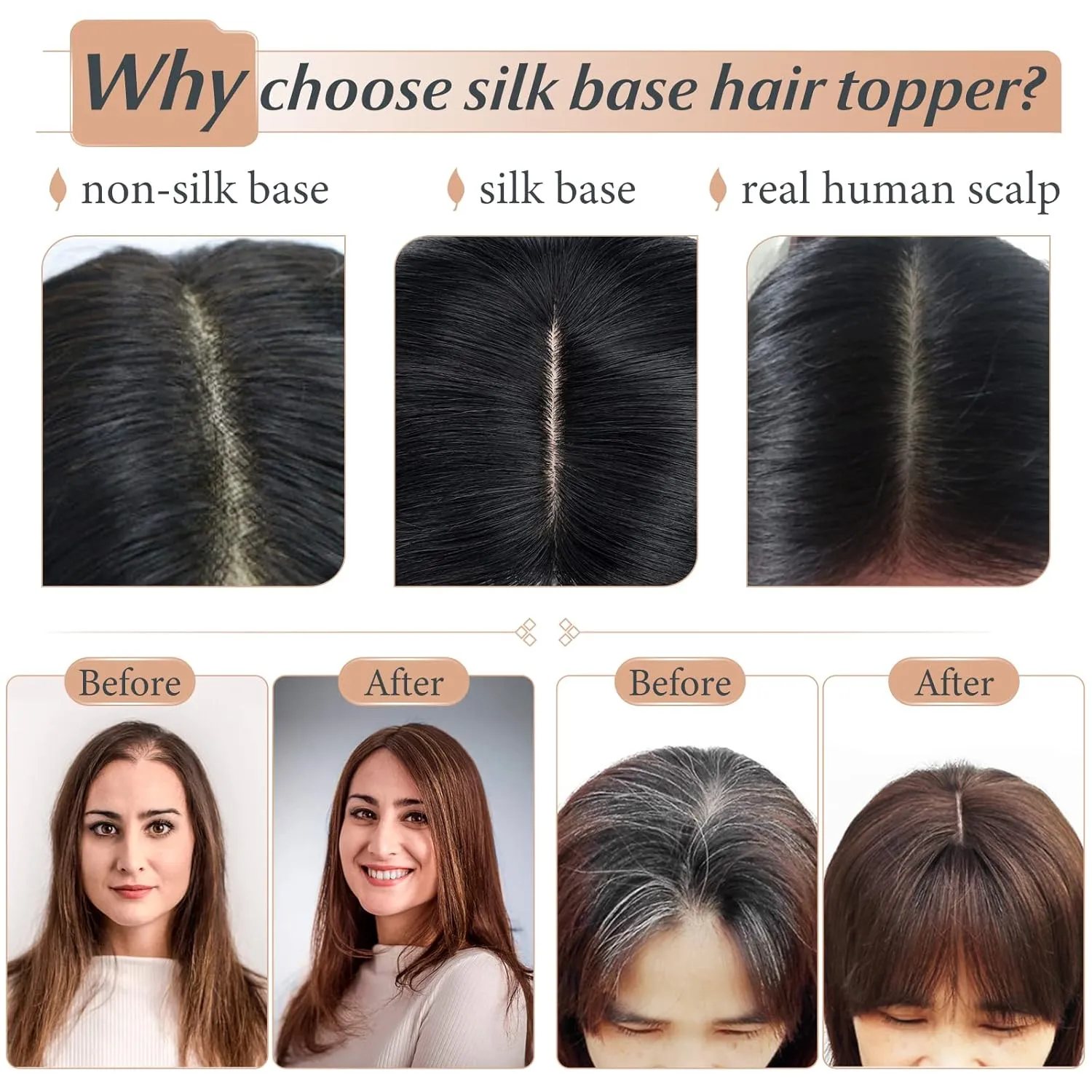 Benehair 100% Remy Human Hair Toppers for Women with Bangs 150% Density Hand Made Silk Base Clip in Hair Pieces for Women Cover Gray Hair -10 Inch Grey