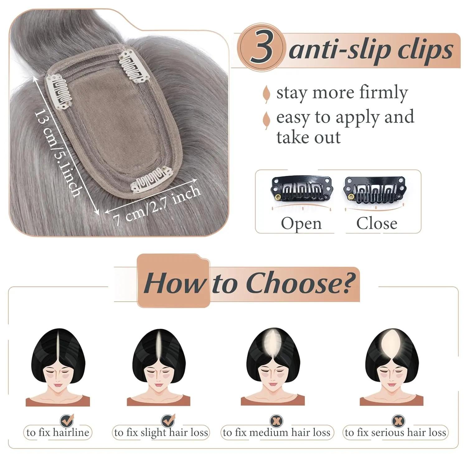 Benehair 100% Remy Human Hair Toppers for Women with Bangs 150% Density Hand Made Silk Base Clip in Hair Pieces for Women Cover Gray Hair -10 Inch Grey