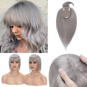 Benehair 100% Remy Human Hair Toppers for Women with Bangs 150% Density Hand Made Silk Base Clip in Hair Pieces for Women Cover Gray Hair -8 Inch Grey