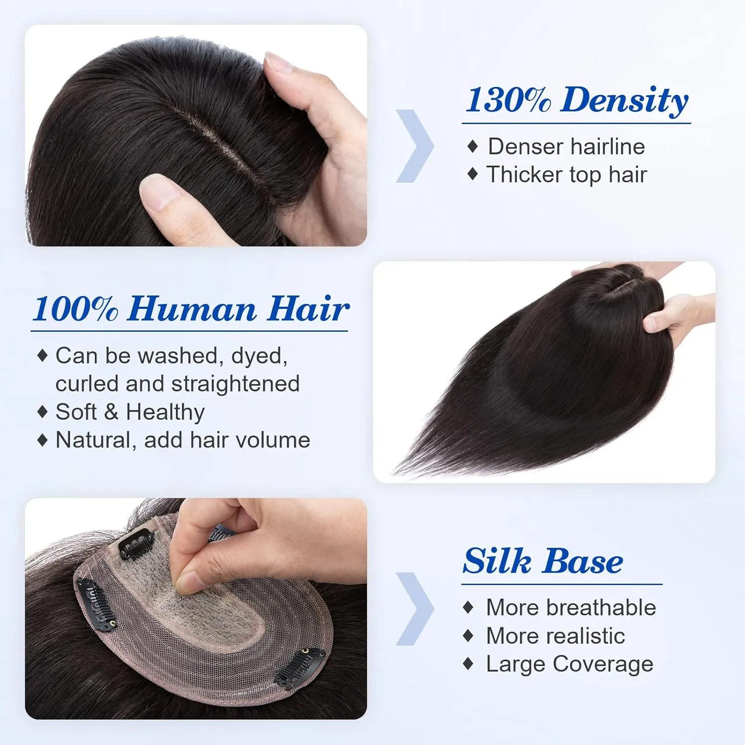Benehair 14 Inch Hair Toppers for Women Real Human Hair 130% Density 4"x4.7" Hand Made Silk Base 100% Remy Human Hair Wiglets Hairpieces for Thinning Hair -Natural Black #1B