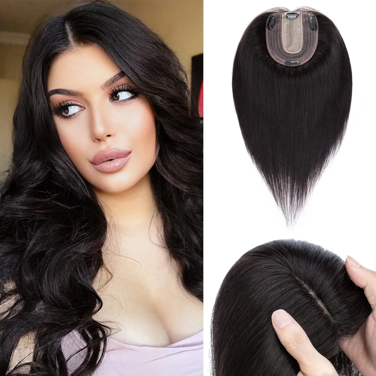 Benehair 14 Inch Hair Toppers for Women Real Human Hair 130% Density 4"x4.7" Hand Made Silk Base 100% Remy Human Hair Wiglets Hairpieces for Thinning Hair -Natural Black #1B