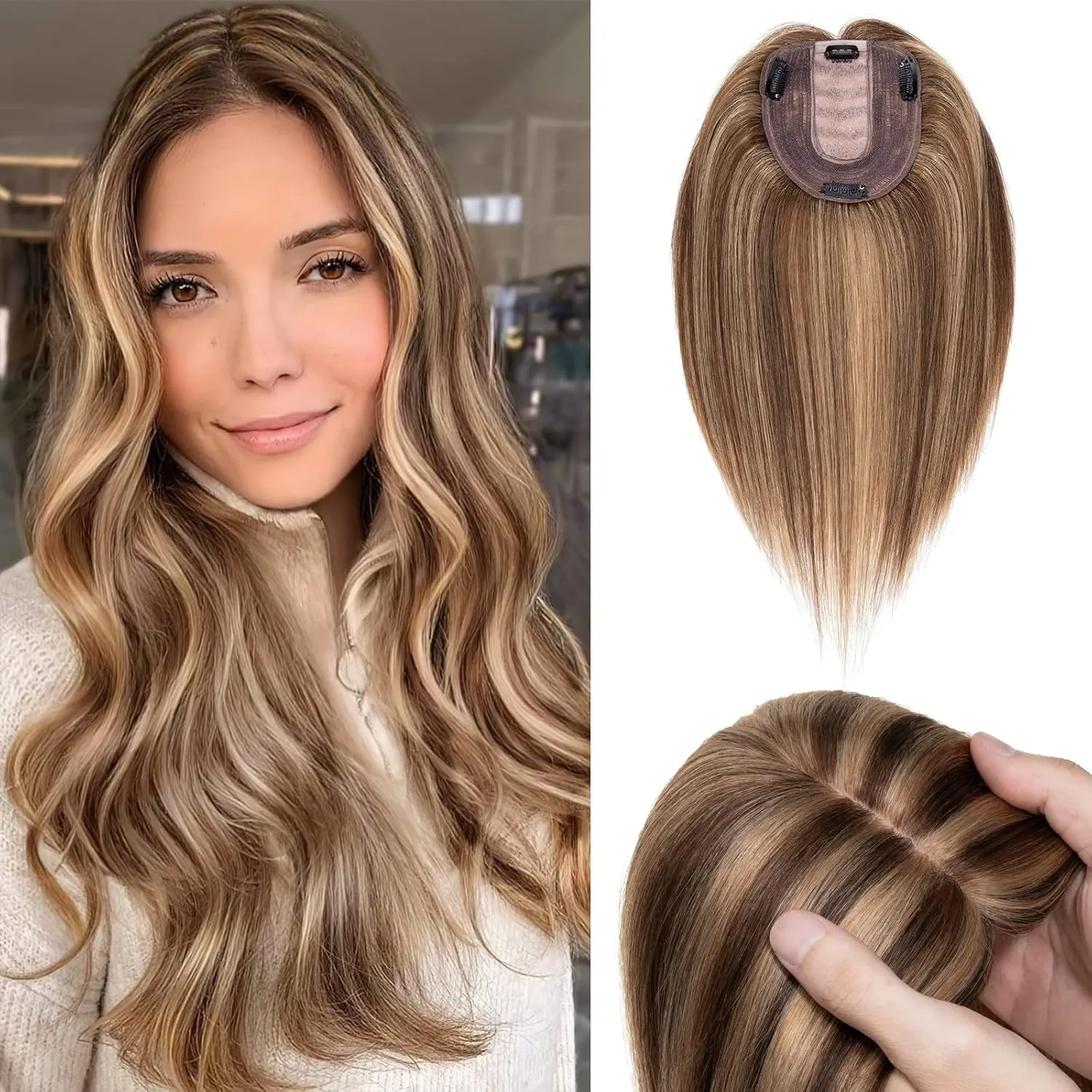 Benehair 14 Inch Hair Toppers for Women Real Human Hair 130% Density 4"x4.7" Hand Made Silk Base Wiglets Hairpieces for Thinning Hair -Medium Brown&Dark Blonde #4P27