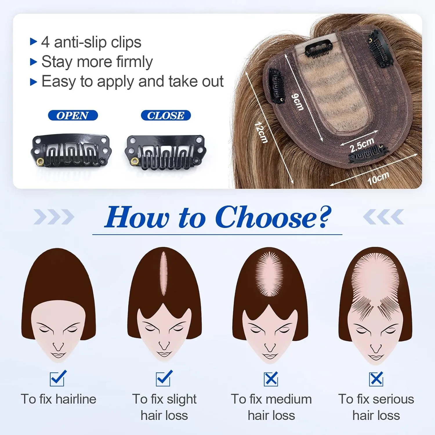 Benehair 14 Inch Hair Toppers for Women Real Human Hair 130% Density 4"x4.7" Hand Made Silk Base Wiglets Hairpieces for Thinning Hair -Medium Brown&Dark Blonde #4P27