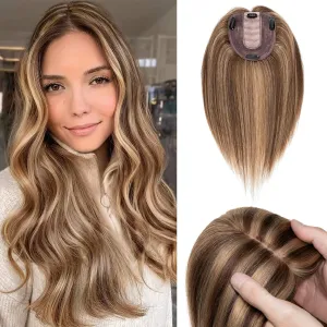 Benehair 14 Inch Hair Toppers for Women Real Human Hair 130% Density 4"x4.7" Hand Made Silk Base Wiglets Hairpieces for Thinning Hair -Medium Brown&Dark Blonde #4P27